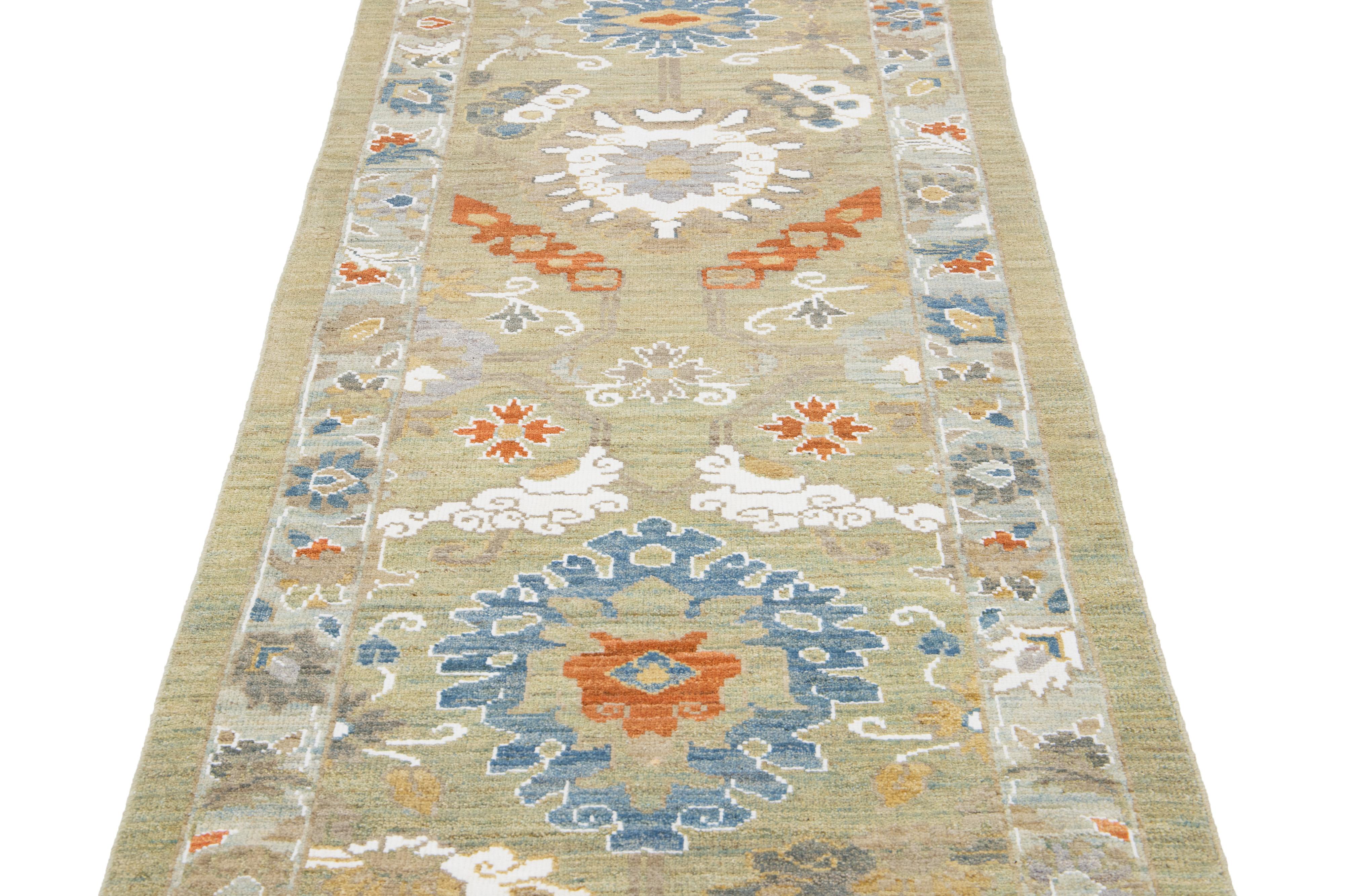 Islamic Contemporary Mahal Handmade Beige Wool Runner With Floral Design For Sale