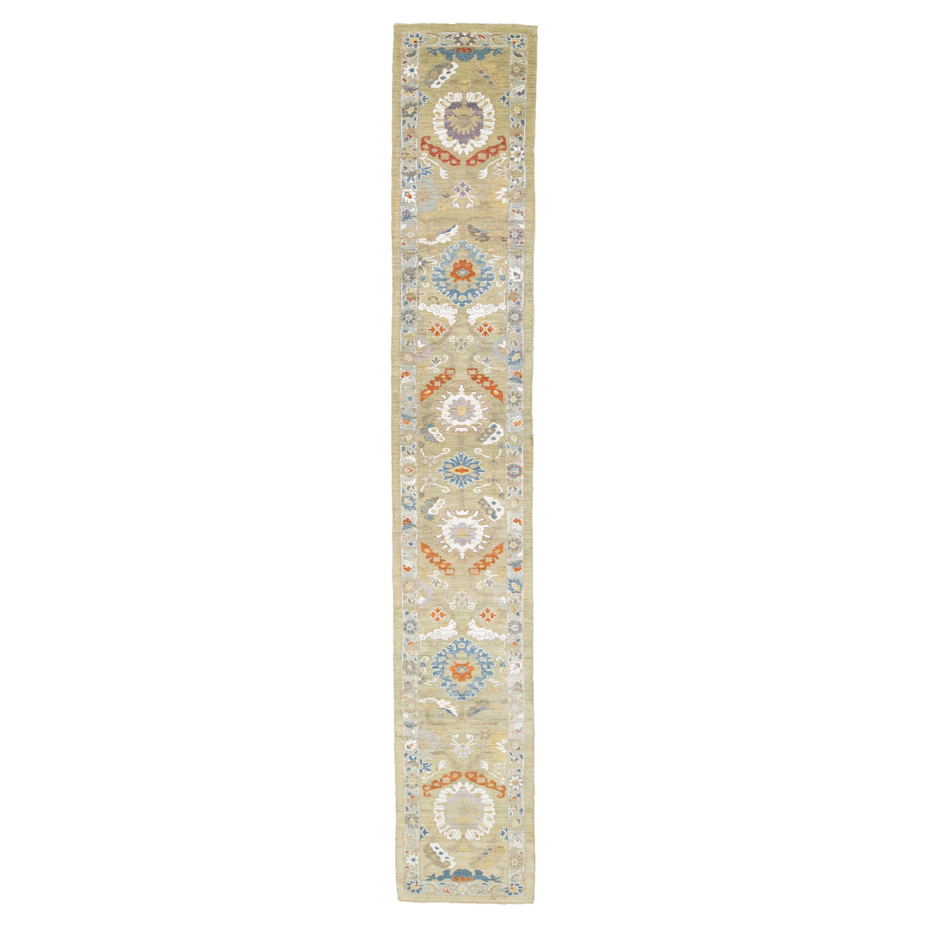 Runner contemporaneo in lana beige Mahal fatto a mano con design floreale