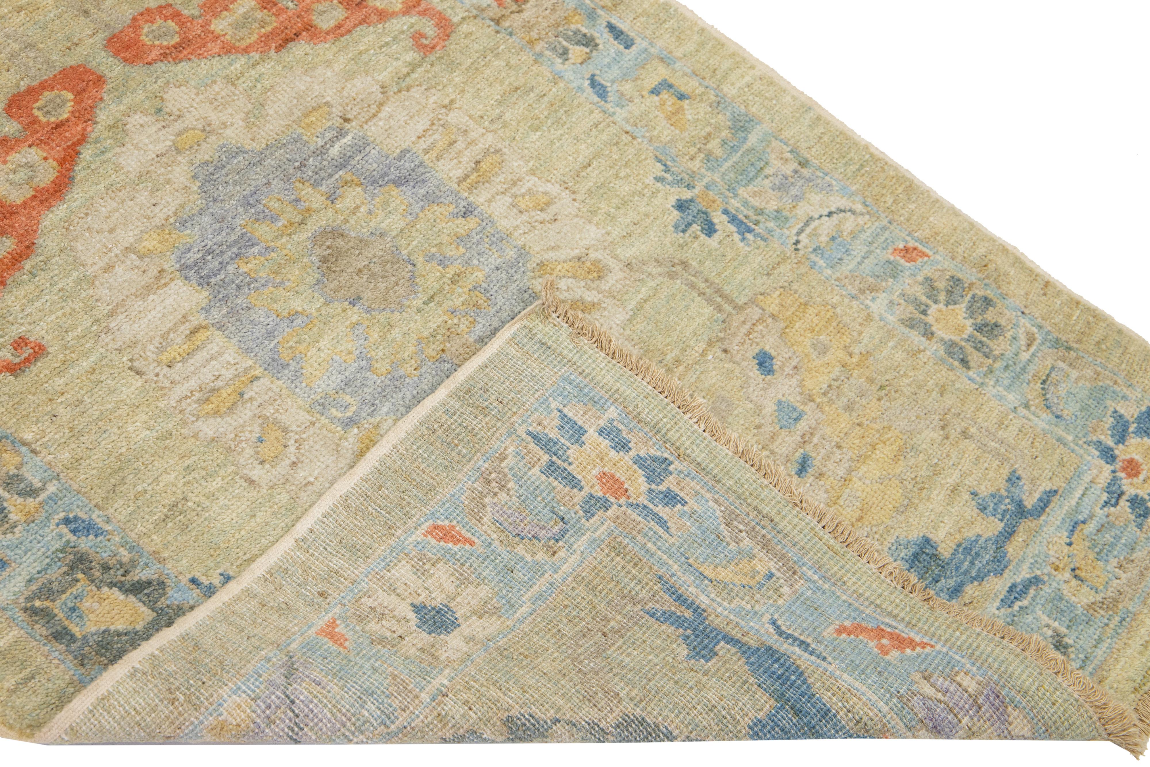 Beautiful modern Mahal hand-knotted wool runner with a beige and green field. This Piece has a blue-designed frame and multicolor accent colors in a gorgeous all-over Classic floral design.

This rug measures: 3'2