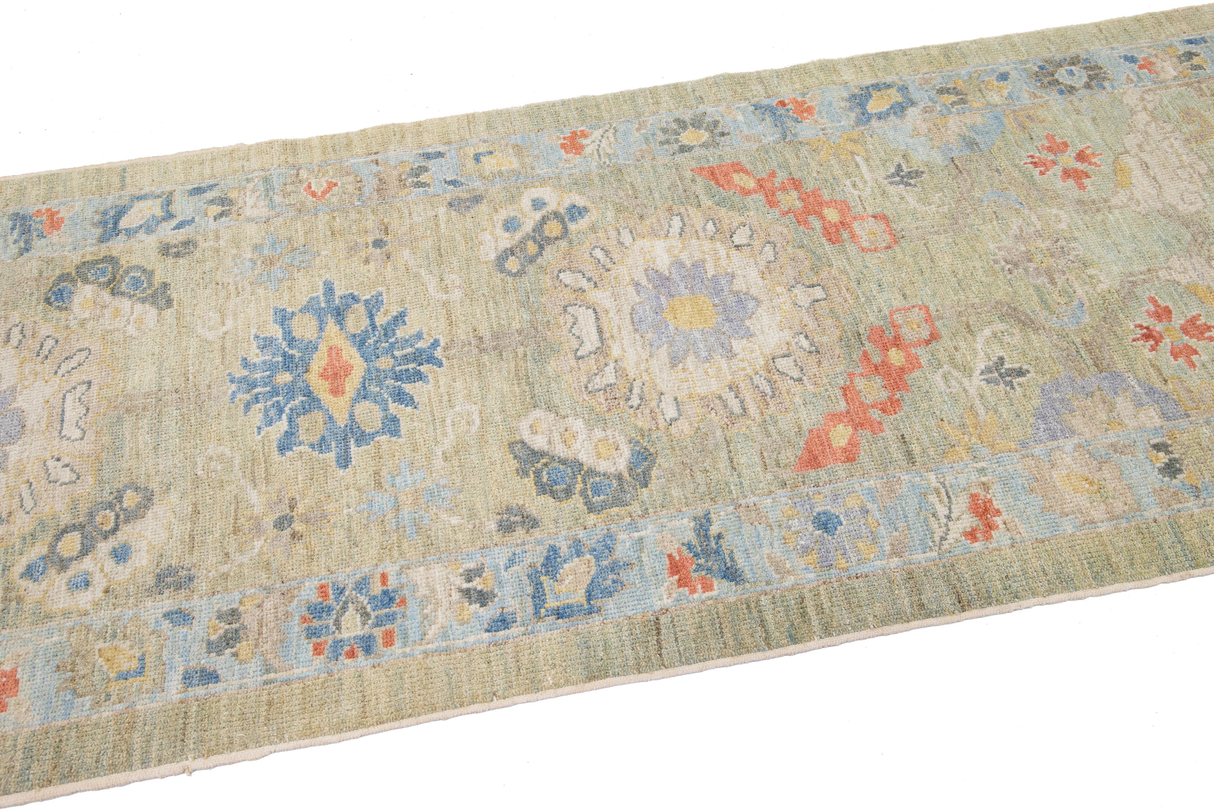 Contemporary Mahal Handmade Multicolor Floral Designed Long Wool Runner  For Sale 1