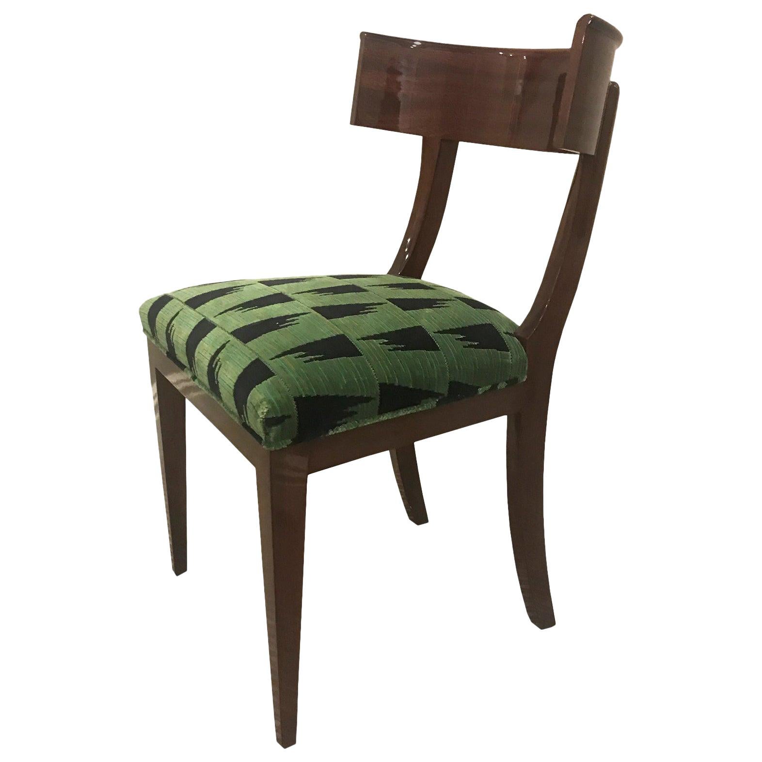 Contemporary Mahogany Klismos Dining Chair with Green Upholstery