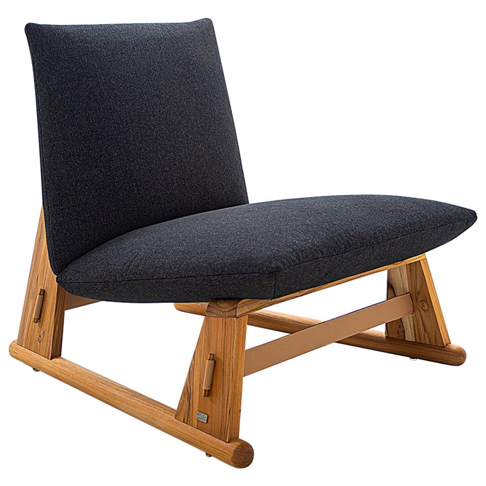 Contemporary Maia Chair in Teak Wood Finish and Charcoal Fabric For Sale