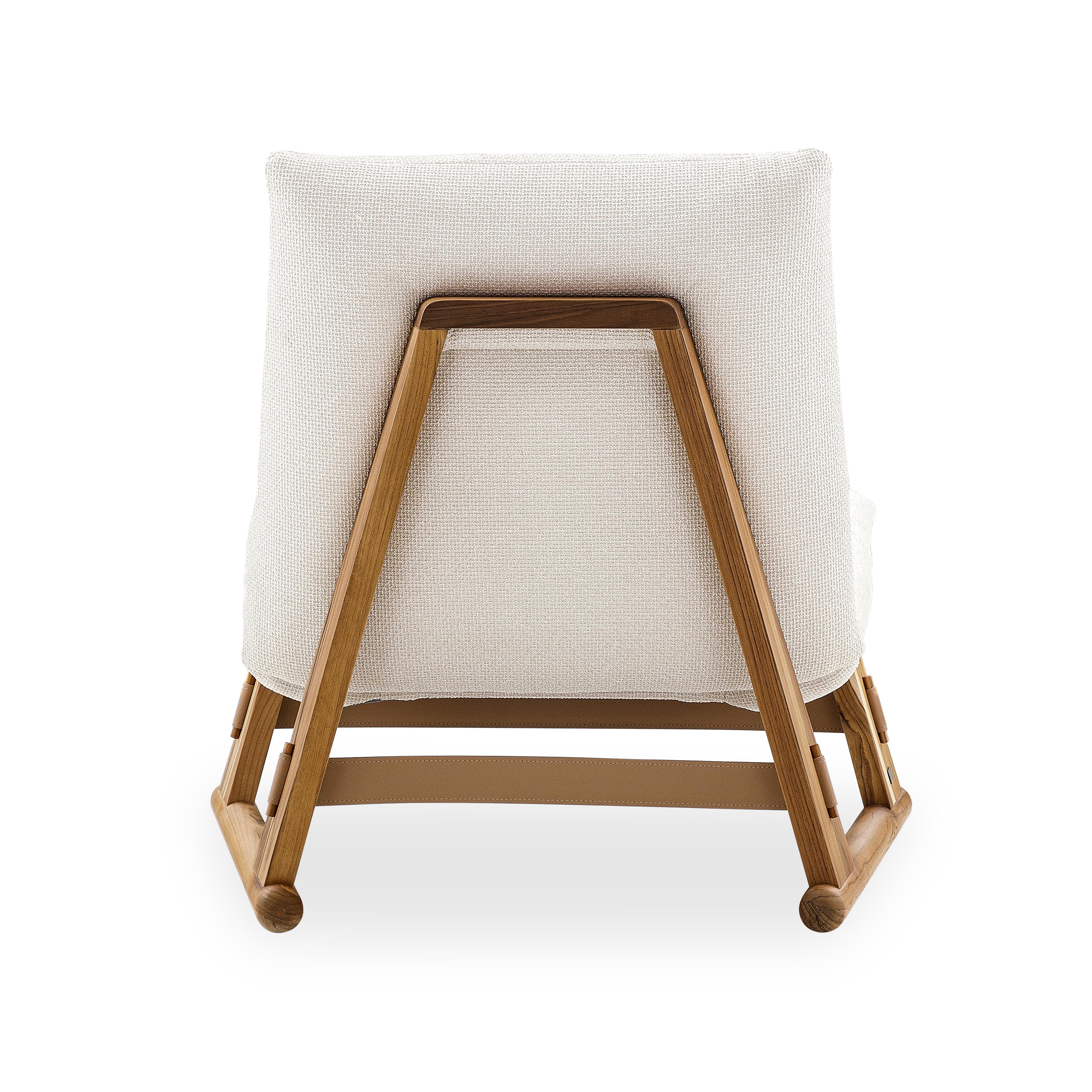 Upholstery Contemporary Maia Chair in Teak Wood Finish and White Fabric For Sale