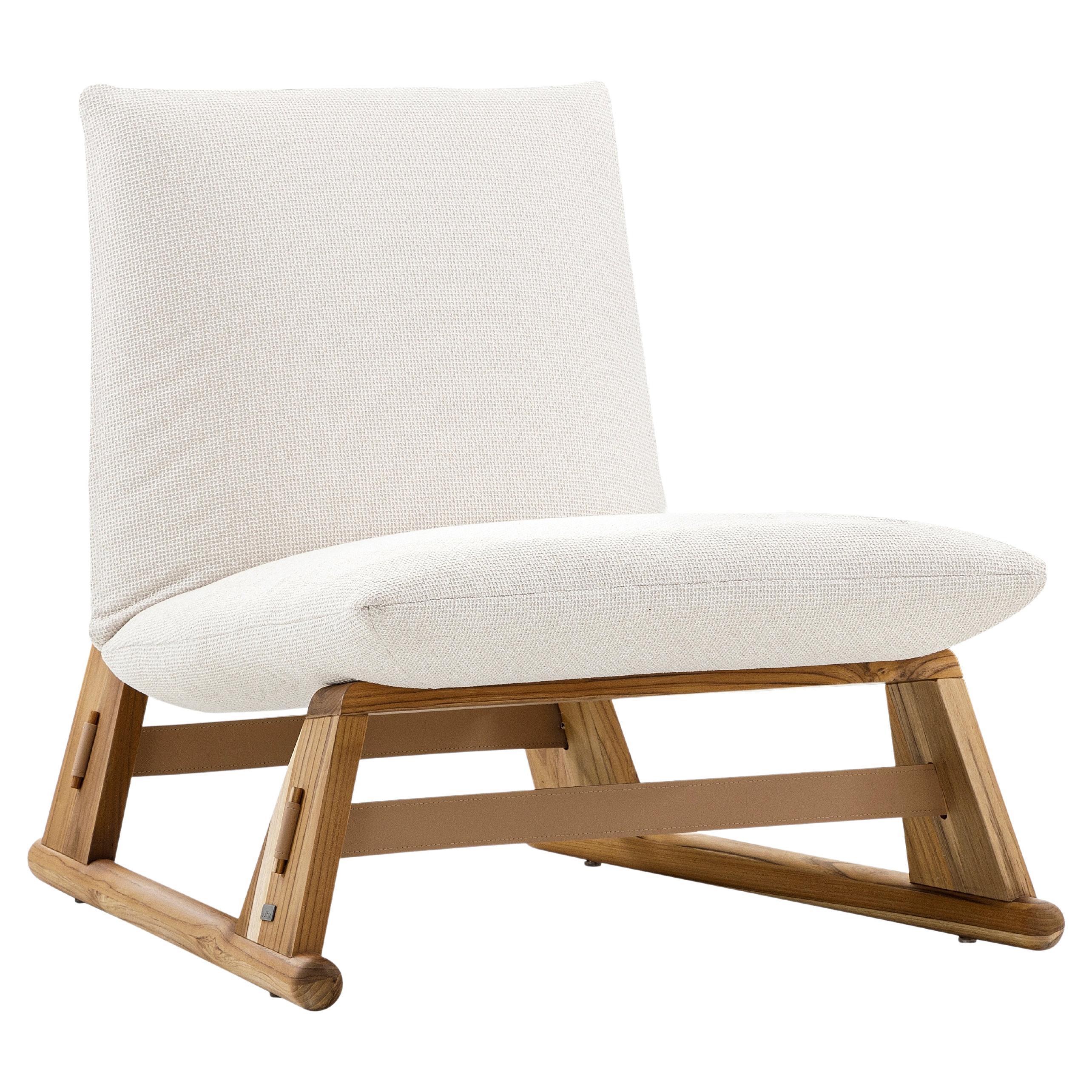 Contemporary Maia Chair in Teak Wood Finish and White Fabric For Sale