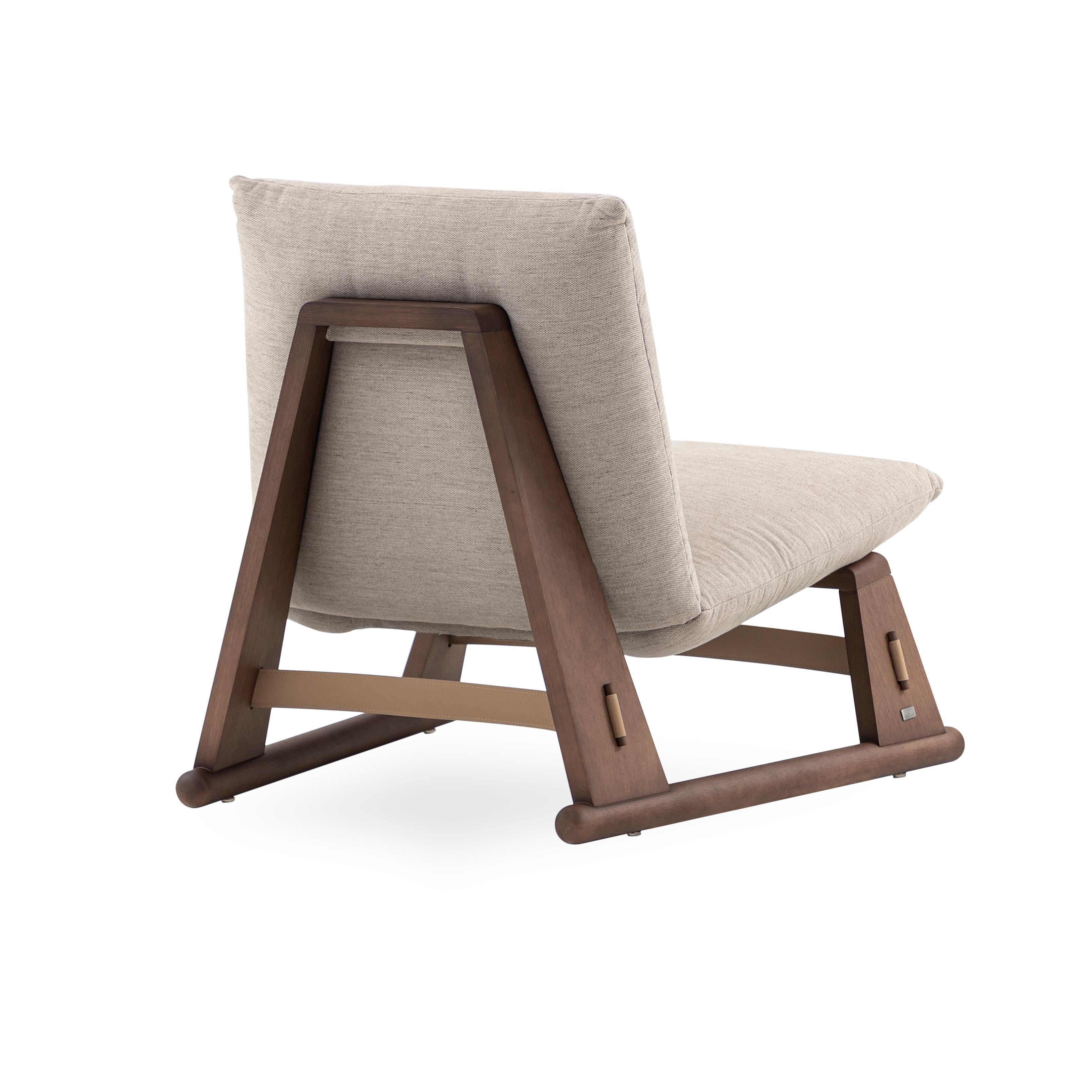 Brazilian Contemporary Maia Chair in Walnut Wood Finish Frame and Light Beige Fabric For Sale