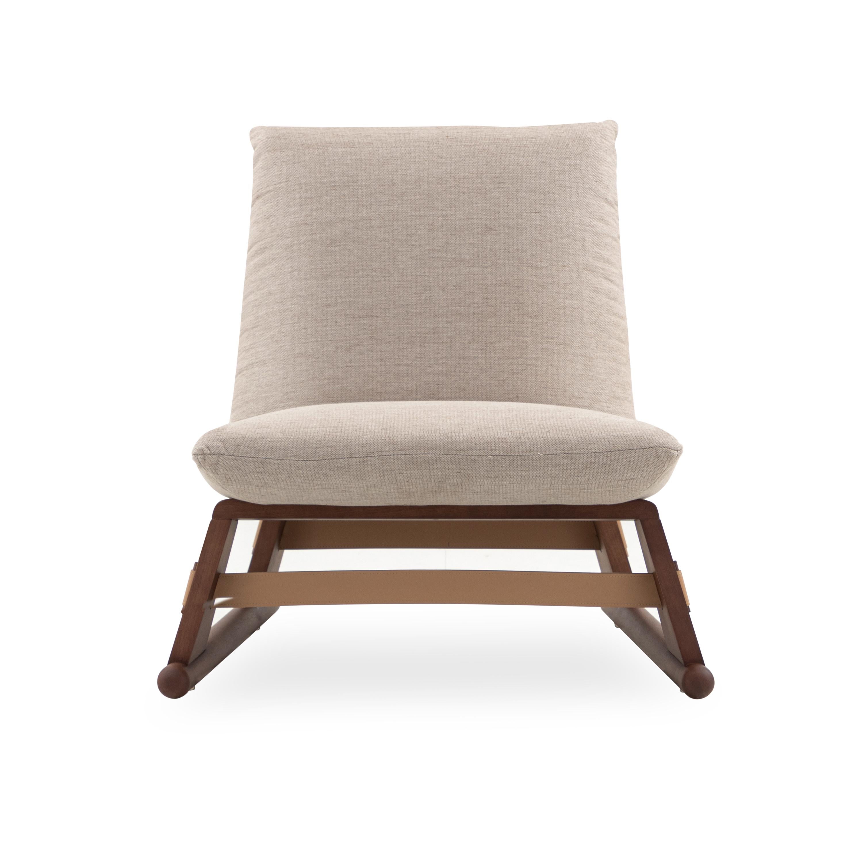 Upholstery Contemporary Maia Chair in Walnut Wood Finish Frame and Light Beige Fabric For Sale
