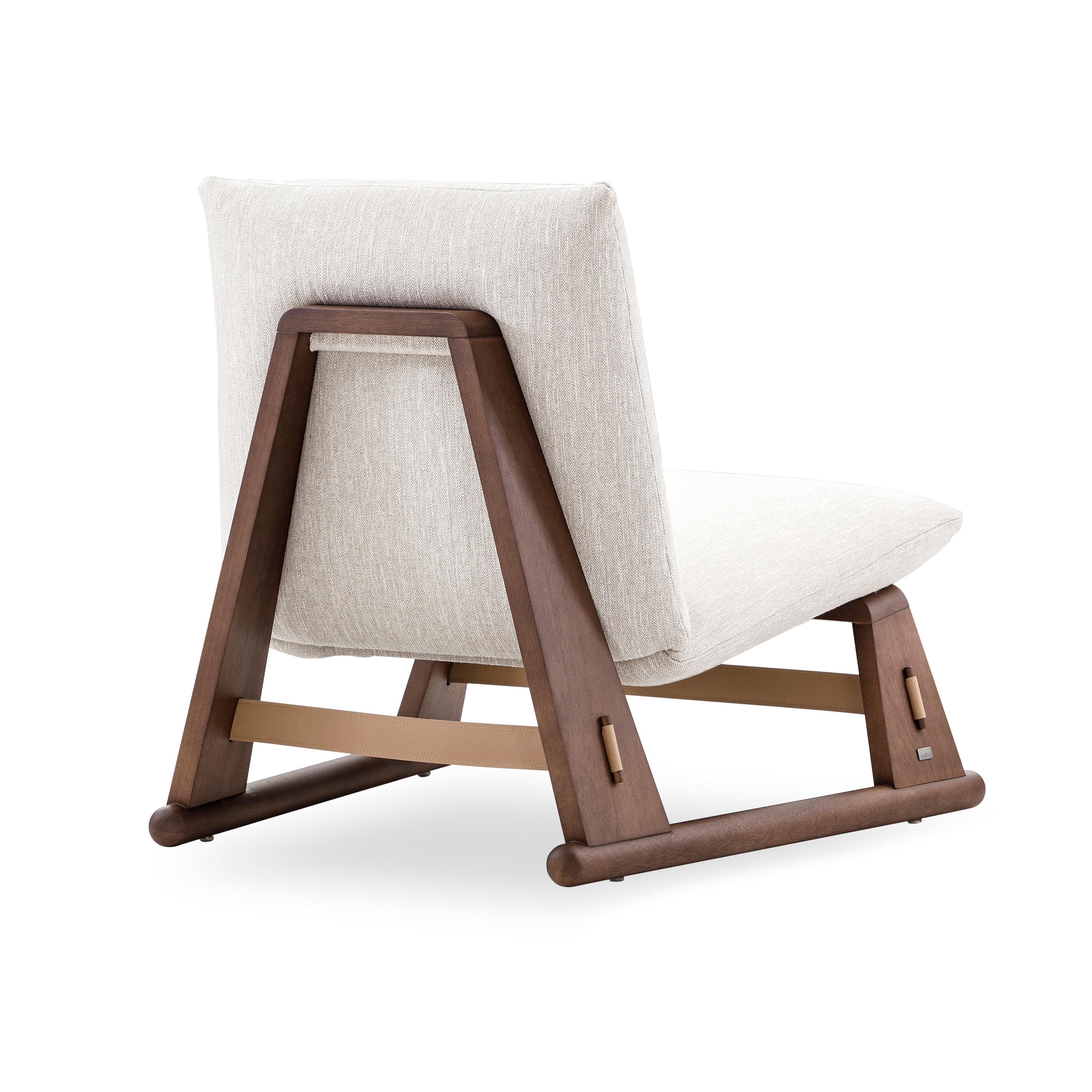 Brazilian Contemporary Maia Chair in Walnut Wood Finish Frame and Off-White Fabric For Sale
