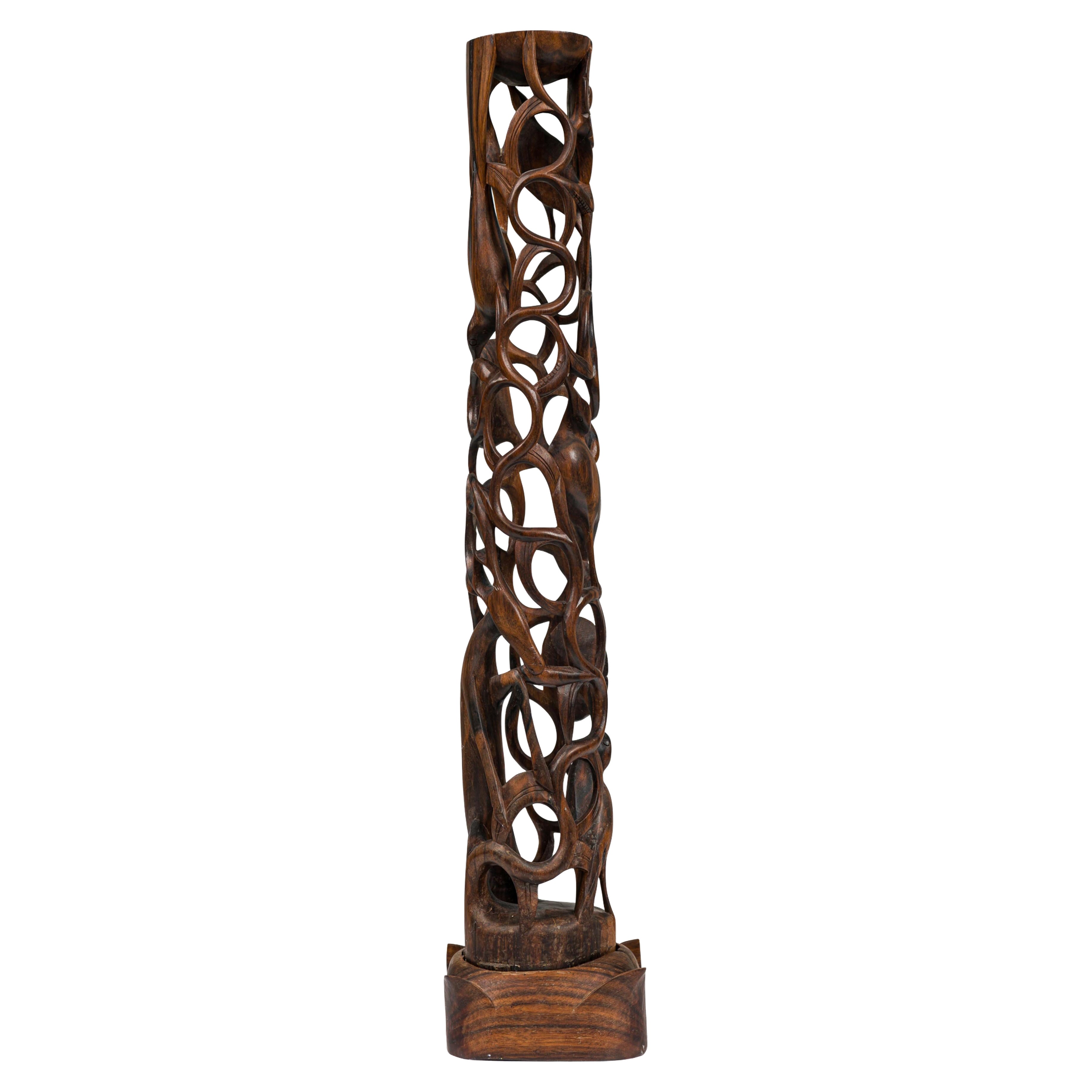 Contemporary Makonde Style Hand Carved Wooden Sculpture on a Base For Sale