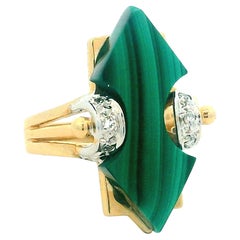 Contemporary Malachite and Diamond Cocktail Ring in 14K Gold — Modernist Italian