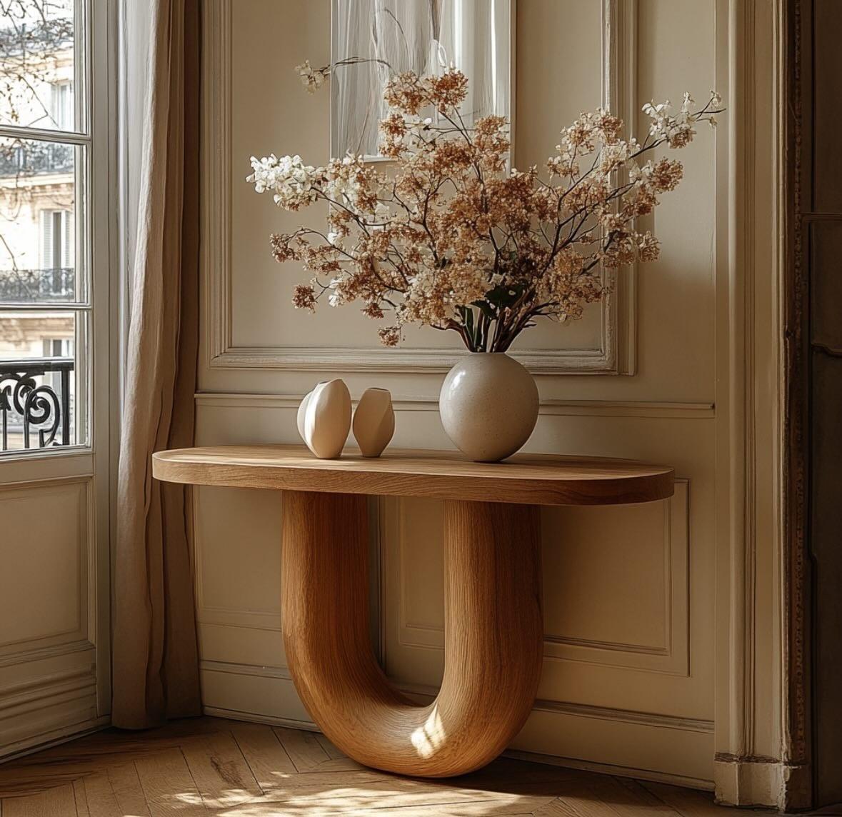 Our Day Console Table is a testament to refined craftsmanship. Made from 100% solid mango wood with an oak-shaded finish, its unique U-shaped base design creates a sculptural and contemporary look, perfectly balancing aesthetics and stability. The