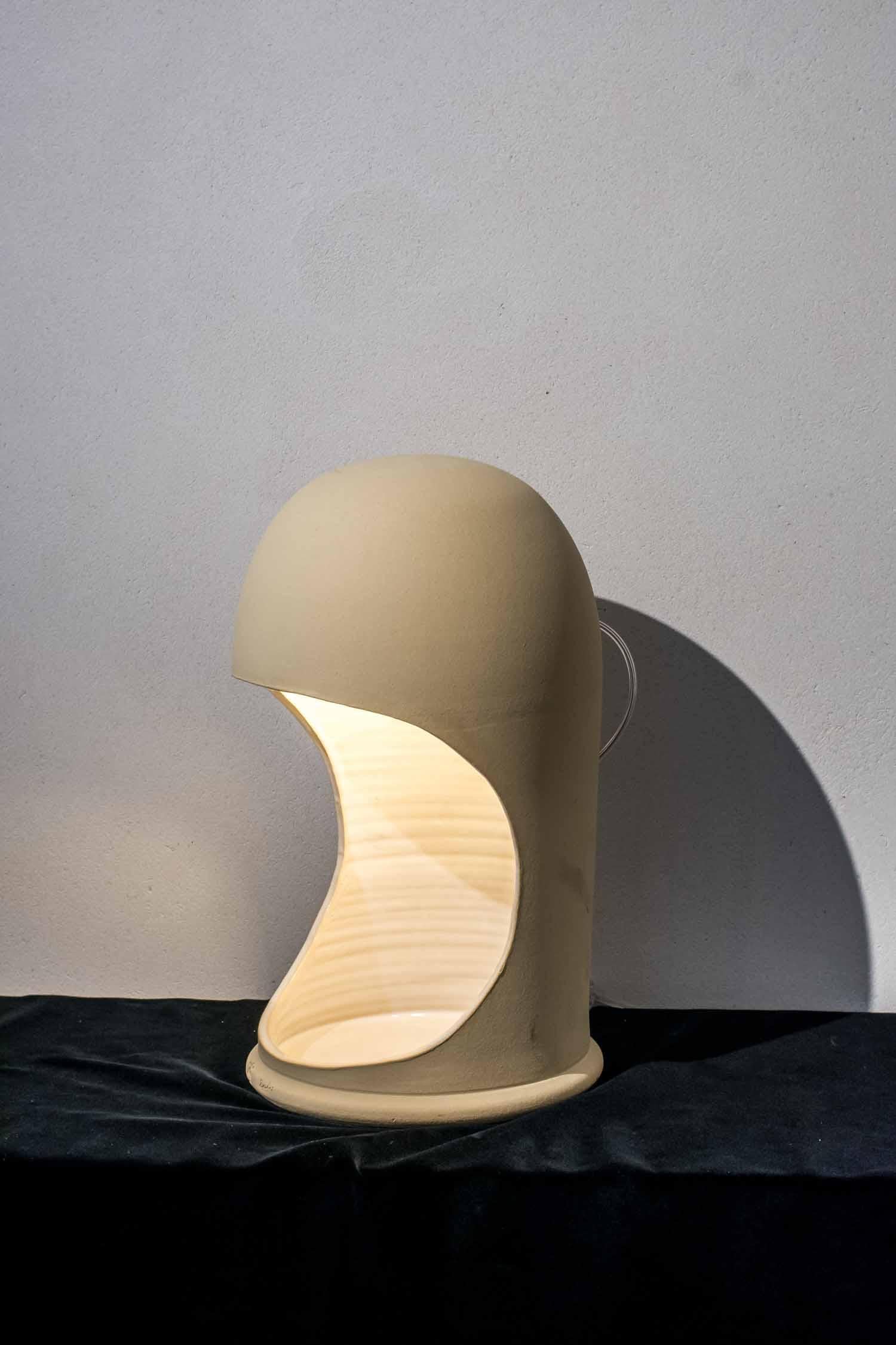 Spanish Contemporary Manolo Eirin Handmade Table Side Lamp with Storage, Ceramic Beige