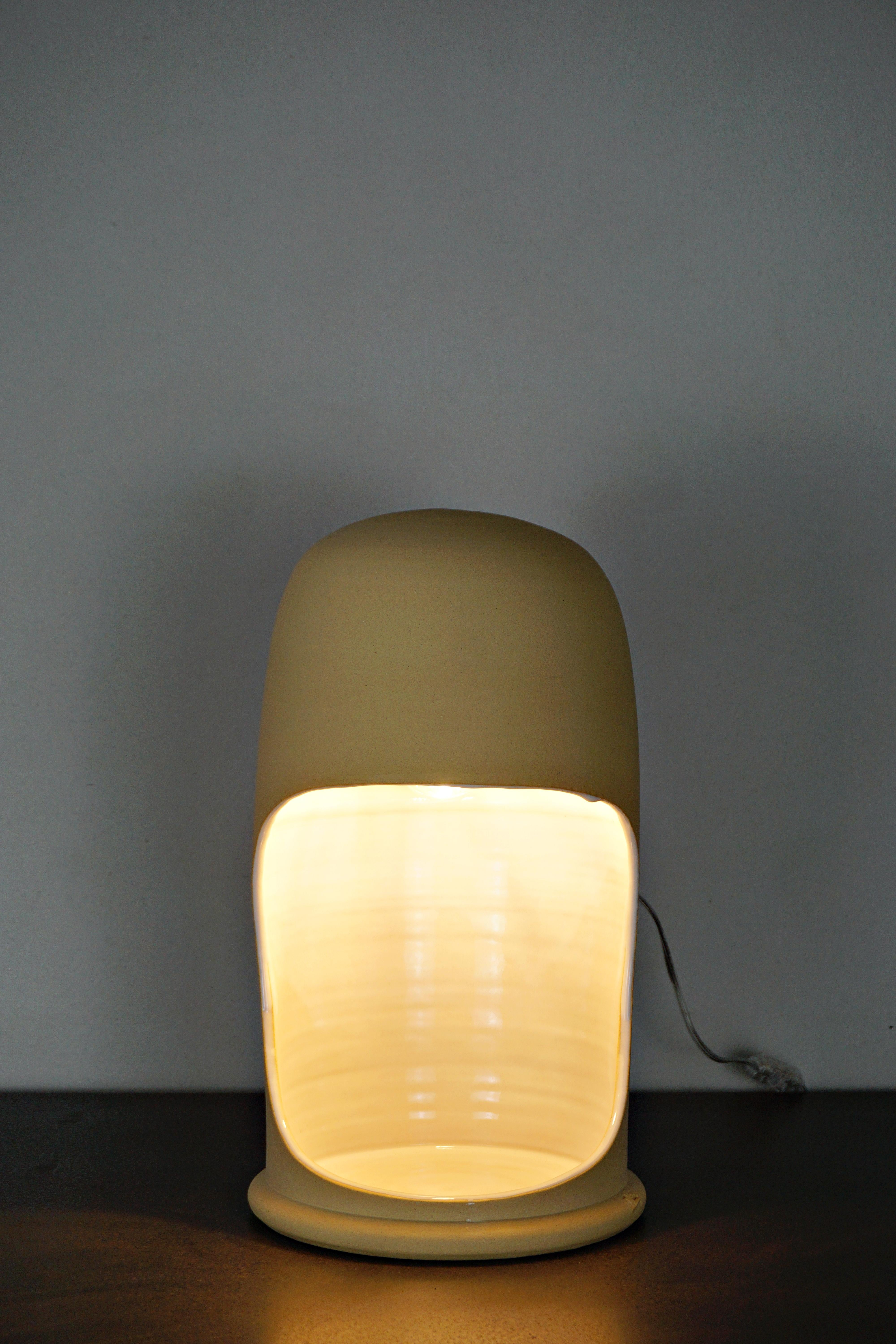 Glazed Contemporary Manolo Eirin Handmade Table Side Lamp with Storage, Ceramic Beige For Sale