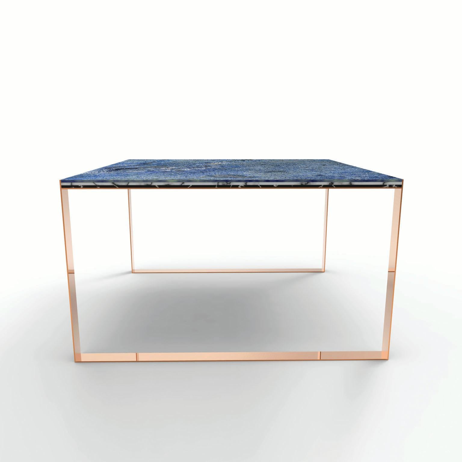 The “MARBELLOUS” dining table is square shaped table with a simple copper structure and a three layered marble top. Three different sheets of marble - black (Nero Marquina), white (Bianco Carrara) and blue (Azul Baia) - that provide the customer the