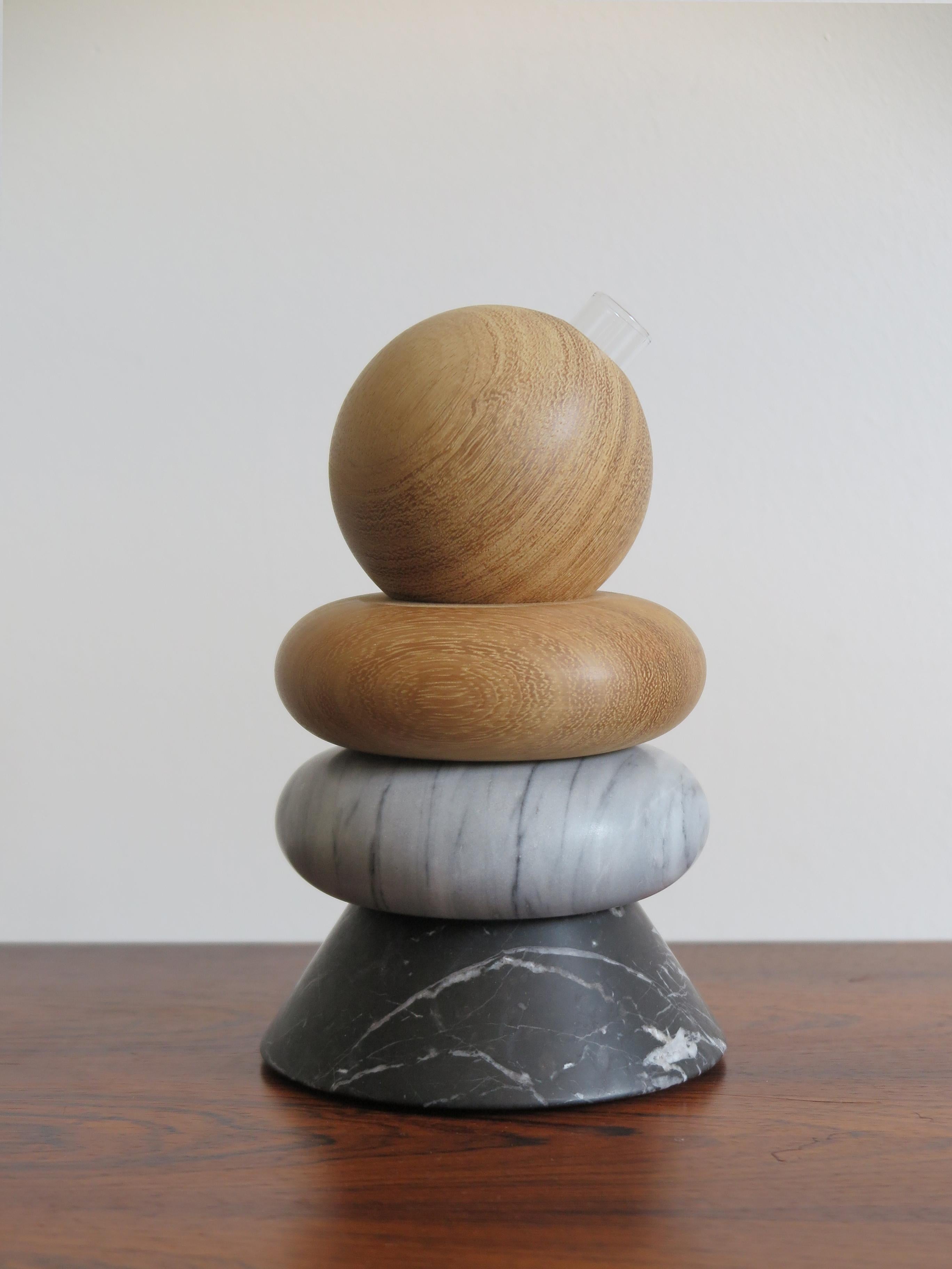 Modern Contemporary Handmade Carrara Marble and Wood Candleholder Sculpture Vase