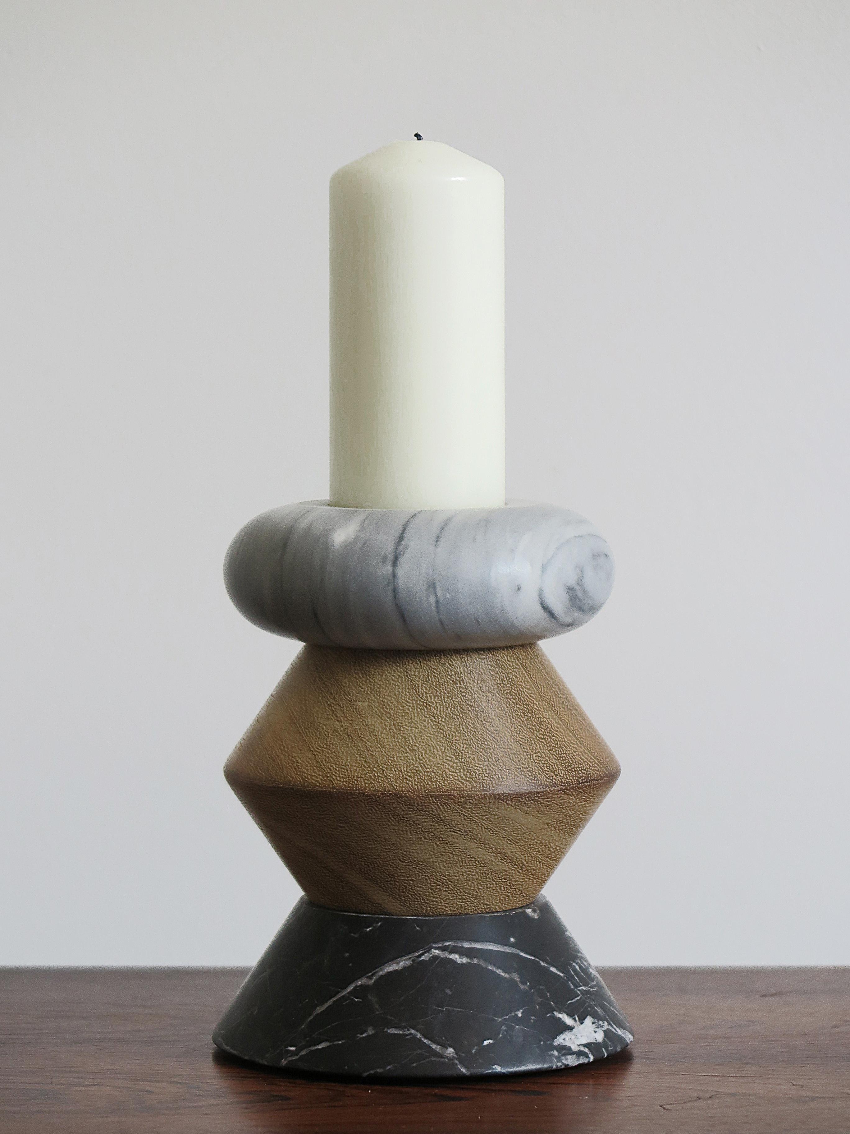 Modern Contemporary Marble and Wood Sculpture, Candleholders, Flower Vase iTotem For Sale