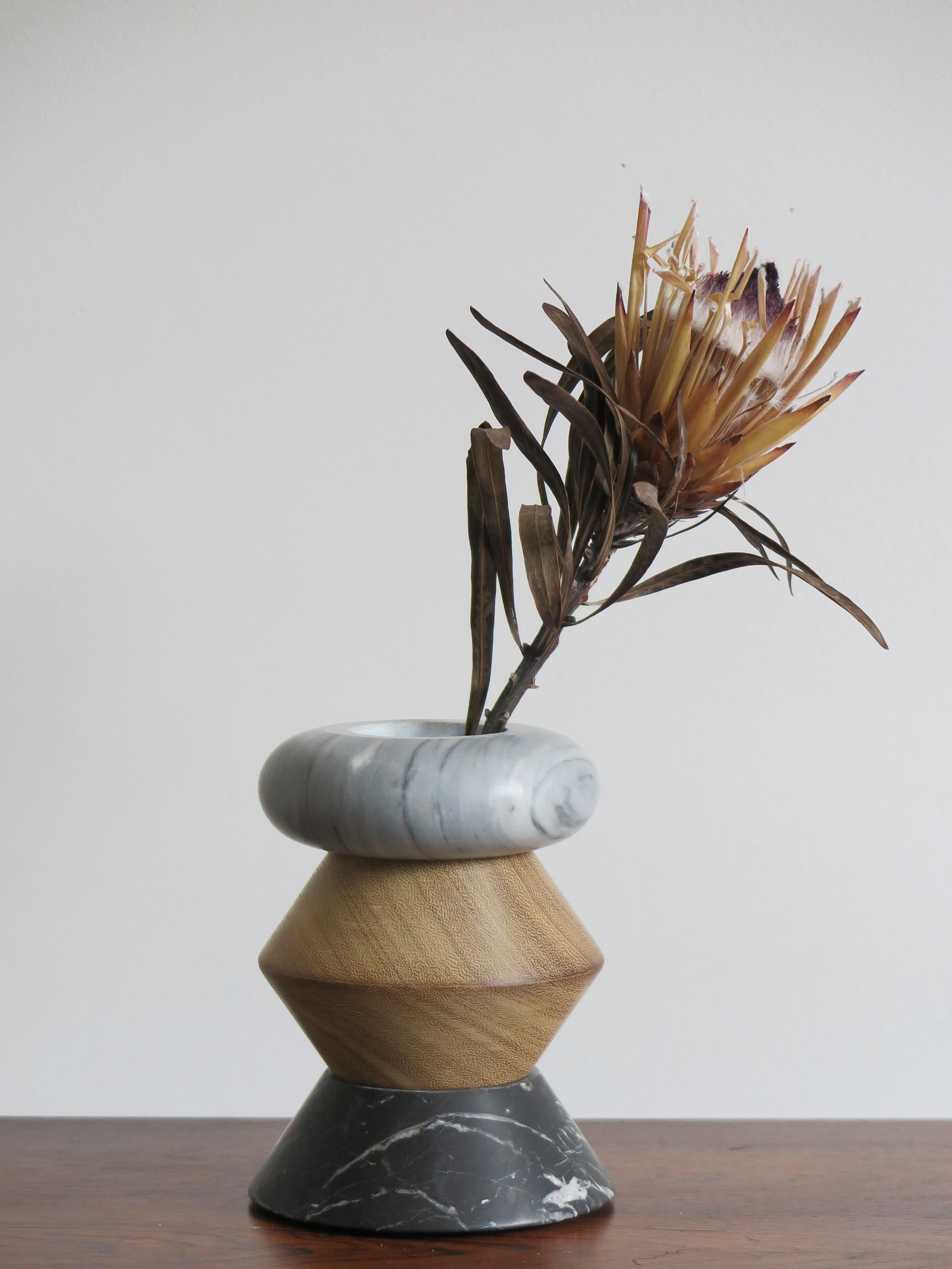 Italian Contemporary Marble and Wood Sculpture, Candleholders, Flower Vase iTotem For Sale