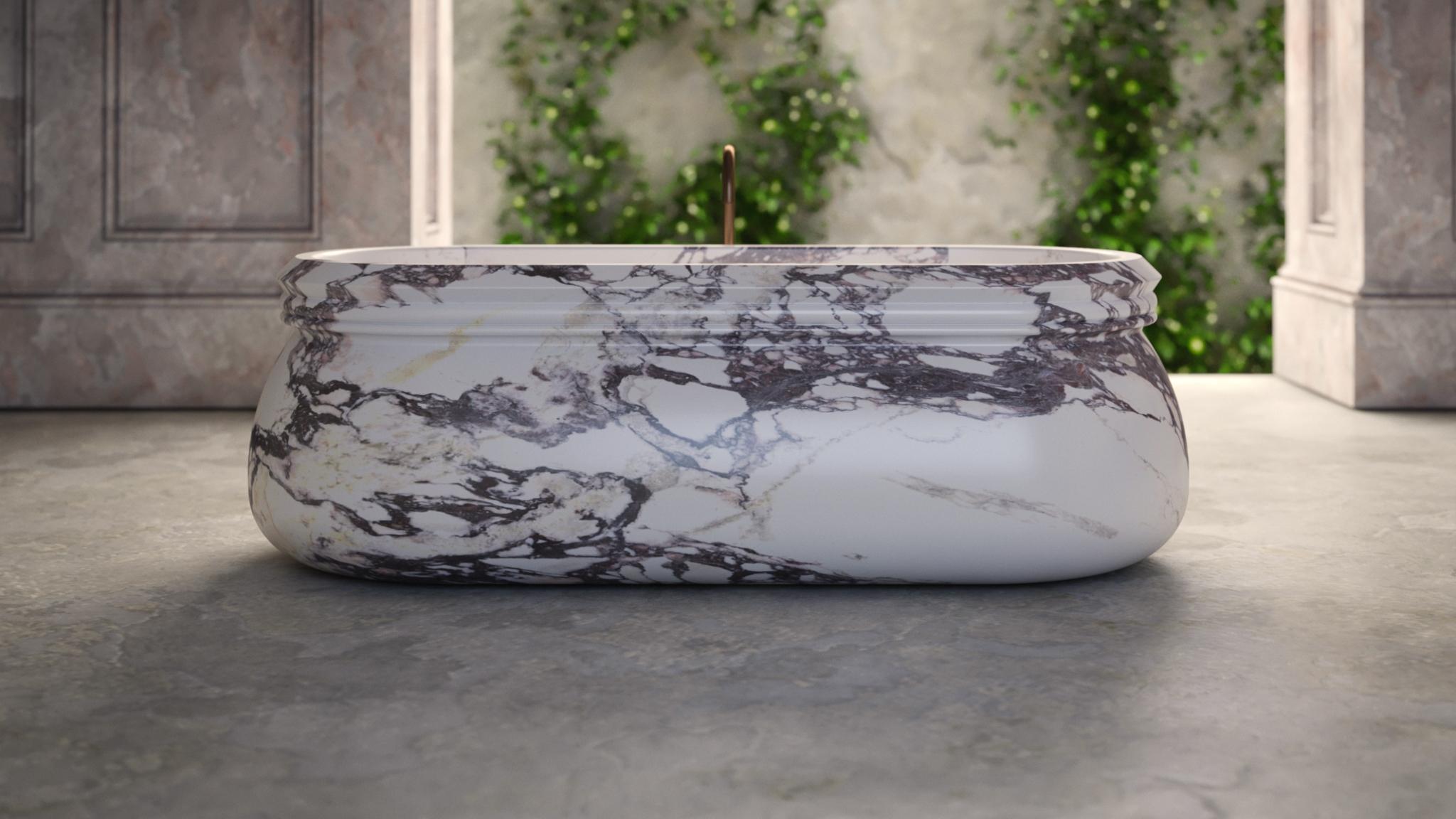 Contemporary Marble Carved Italian Sculptural Bath Tub, White Arabesco.  (Italienisch) im Angebot
