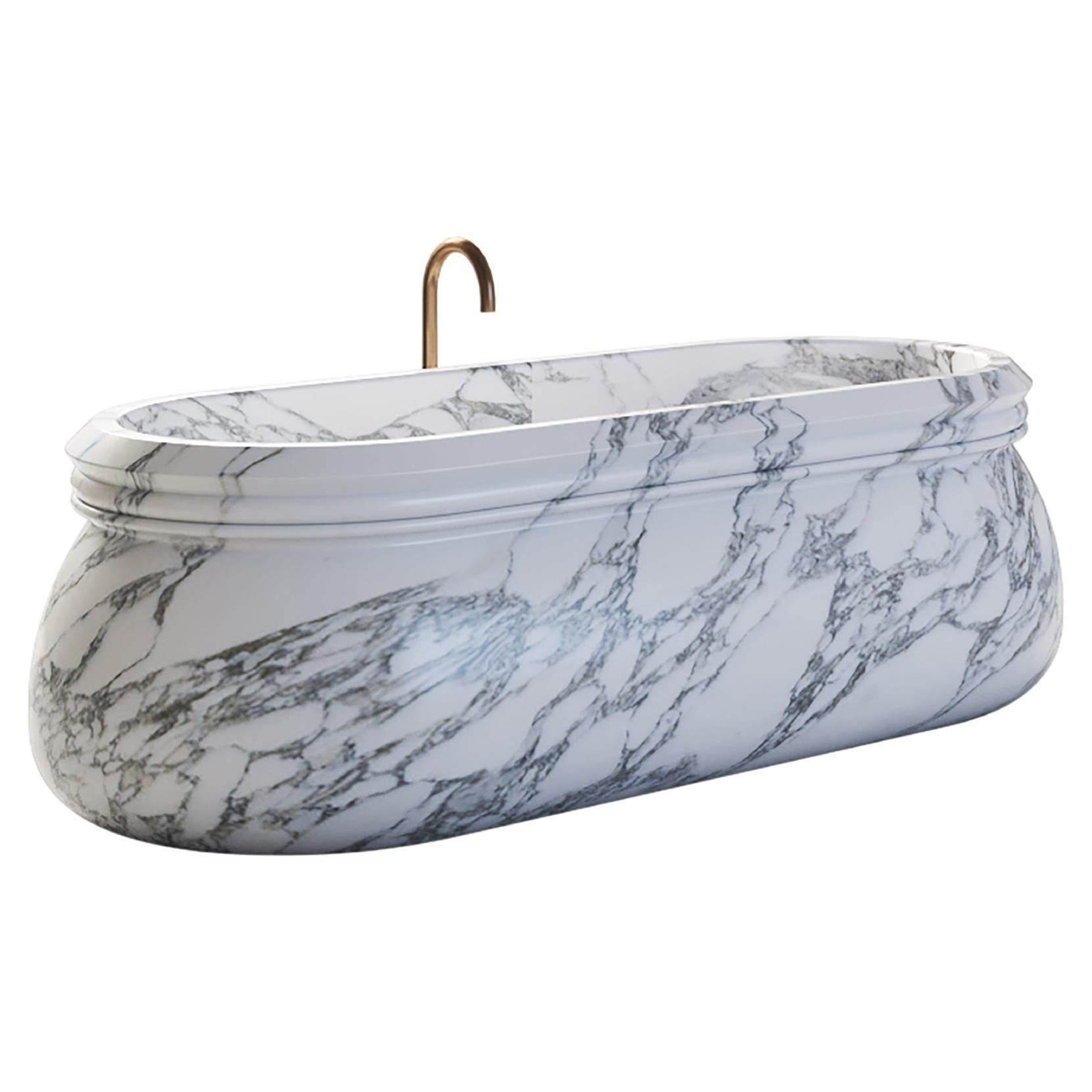 Contemporary Marble Carved Italian Sculptural Bath Tub, White Arabesco. 