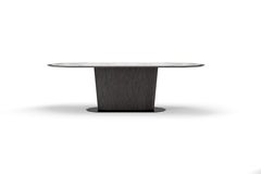 Contemporary Dining Table, venered central leg, metal trim and base, marble top