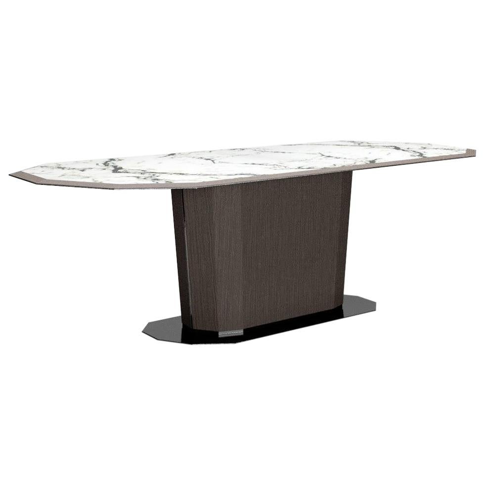 Contemporary Dining Table, venered central leg, metal trim and base, marble top For Sale