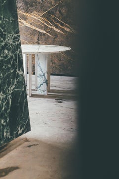 Contemporary oval ellipse dining table in marble, 7 legs, Belgian design