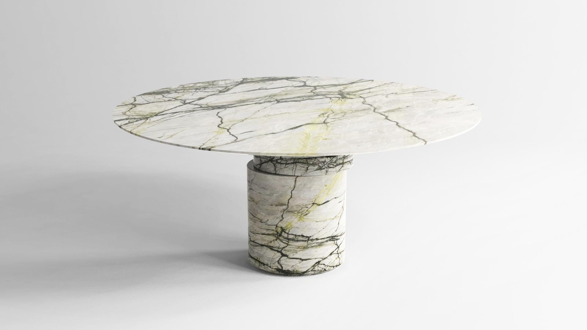 Chamfered Contemporary round dining table, Calacatta Verde marble, shifting disc, Belgium  For Sale