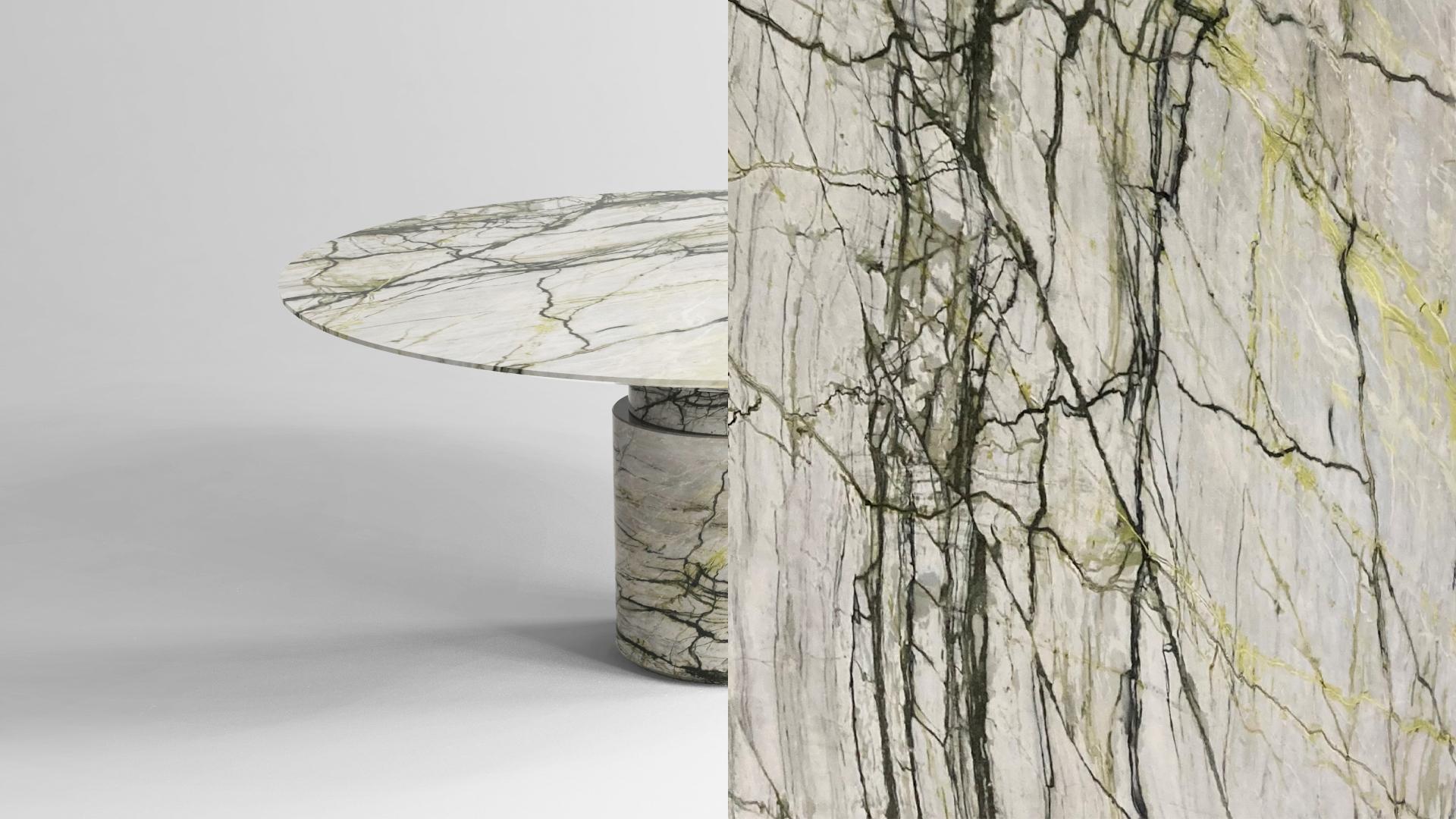 Contemporary round dining table, Calacatta Verde marble, shifting disc, Belgium  In New Condition For Sale In Antwerp, Antwerp
