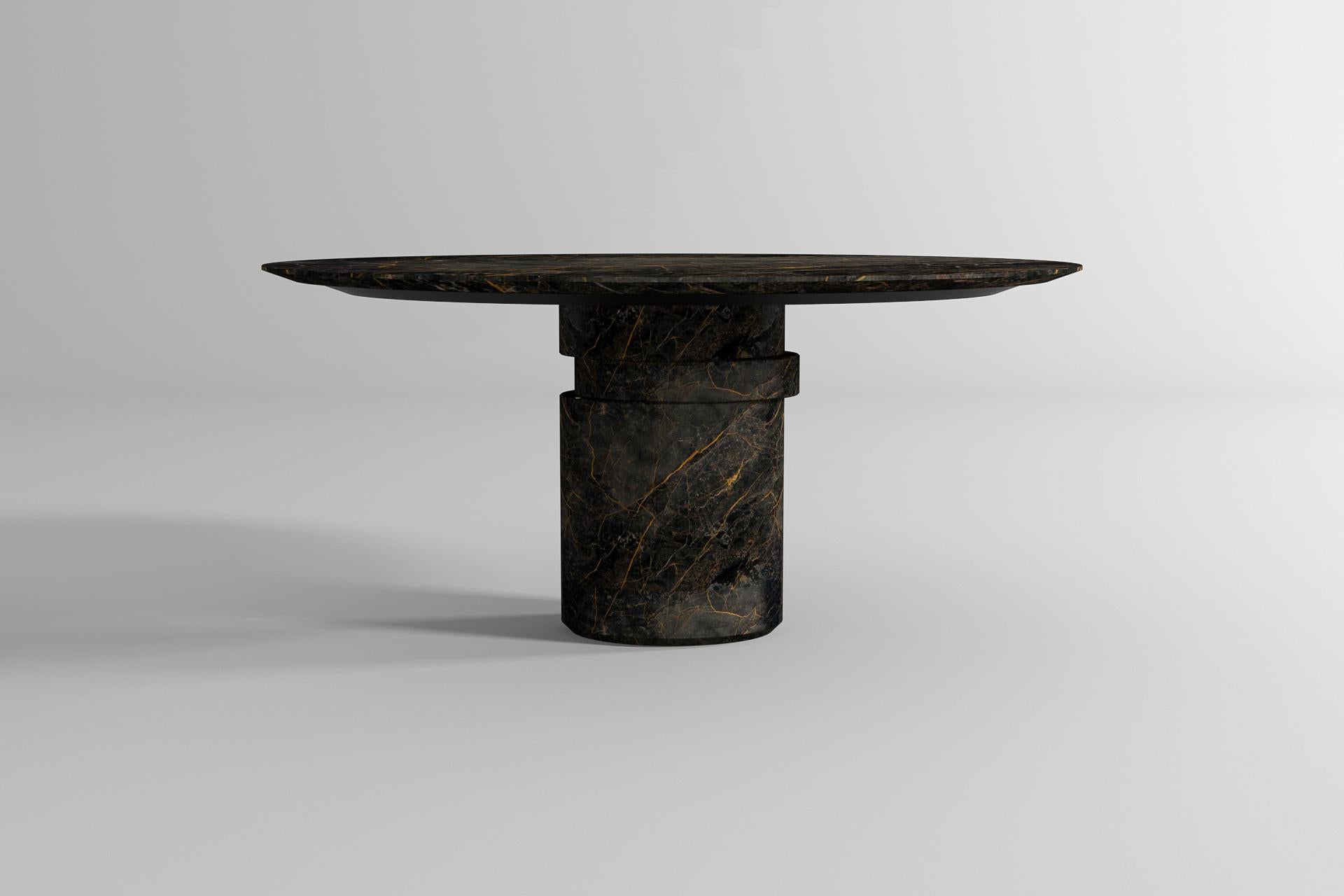 Chamfered Contemporary round dining table, Port Laurent marble, shifting disc, Belgium  For Sale