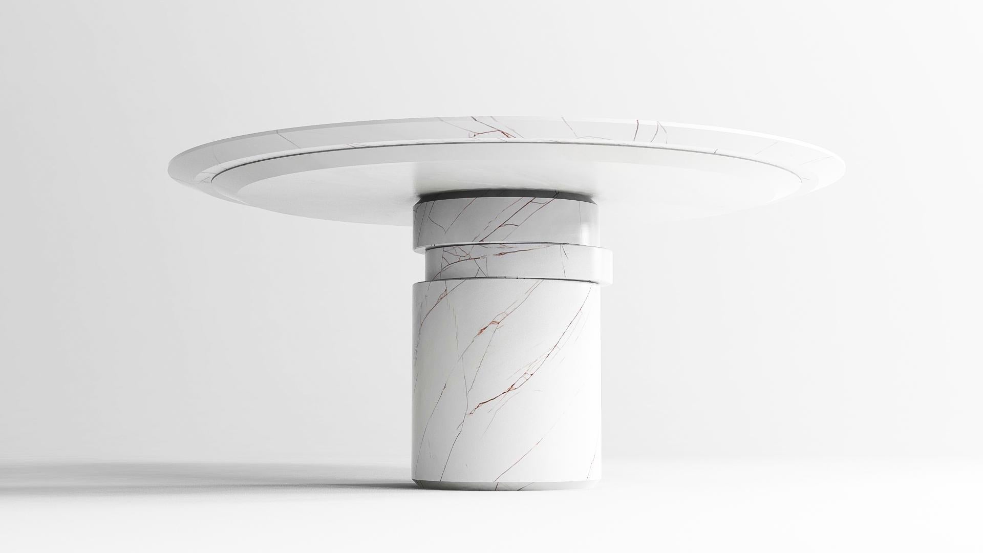 Autre Table de salle à manger ronde contemporaine, marbre Sahara Blanc, disque mobile, Belgique en vente