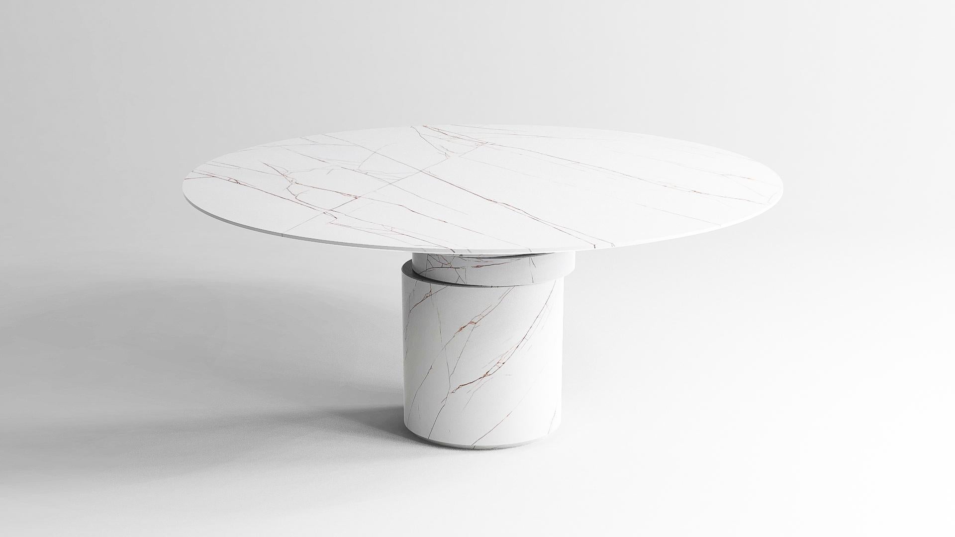 Chamfered Contemporary round dining table, Sahara Blanc marble, shifting disc, Belgium For Sale