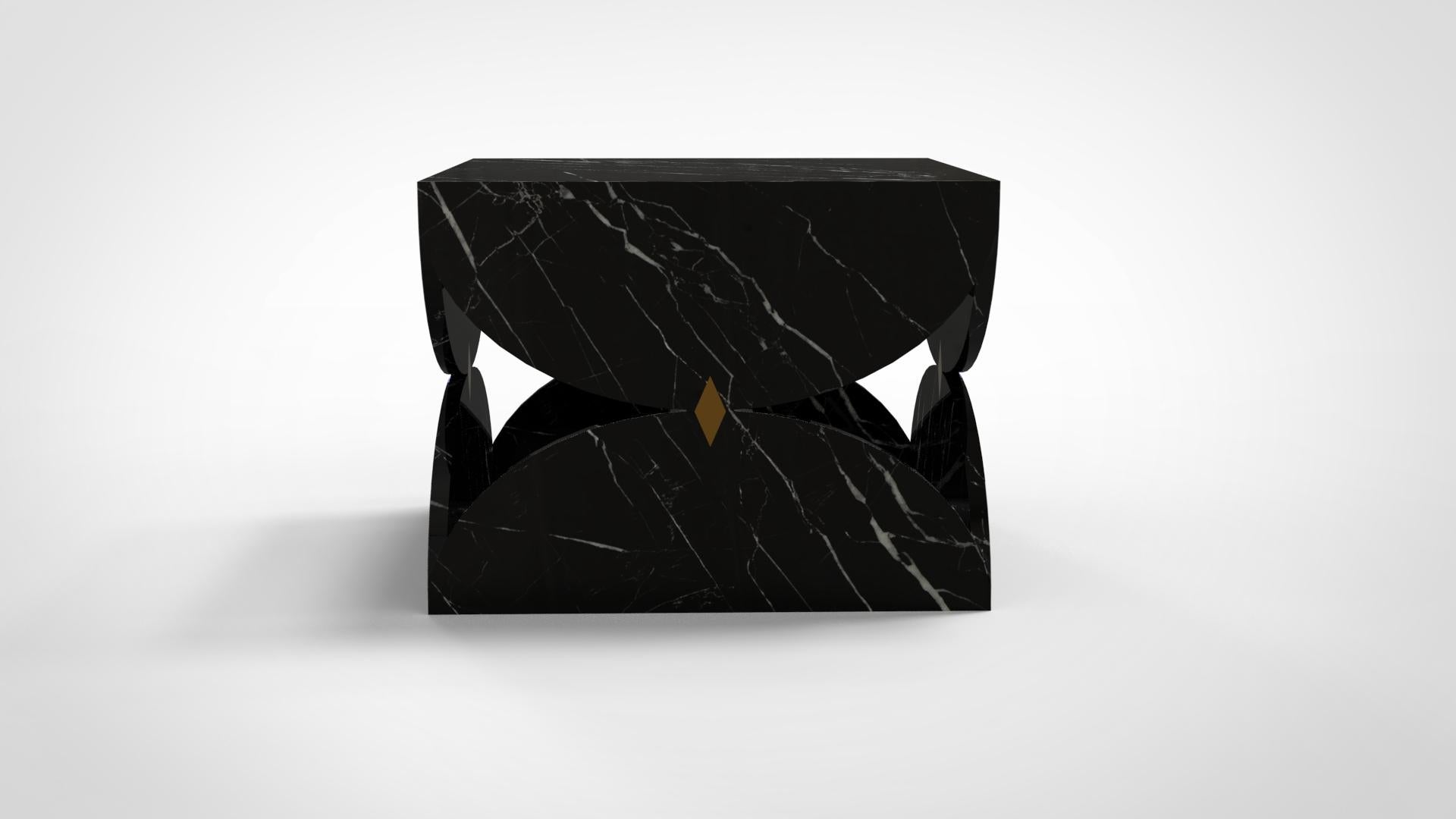 Diamond Contemporary side table by TGDD in Nero Marquinia (dim. cm 60 x 60 x H60), composed of eight marble slabs assembled together to the top with brass inlays. Customisation available upon request.