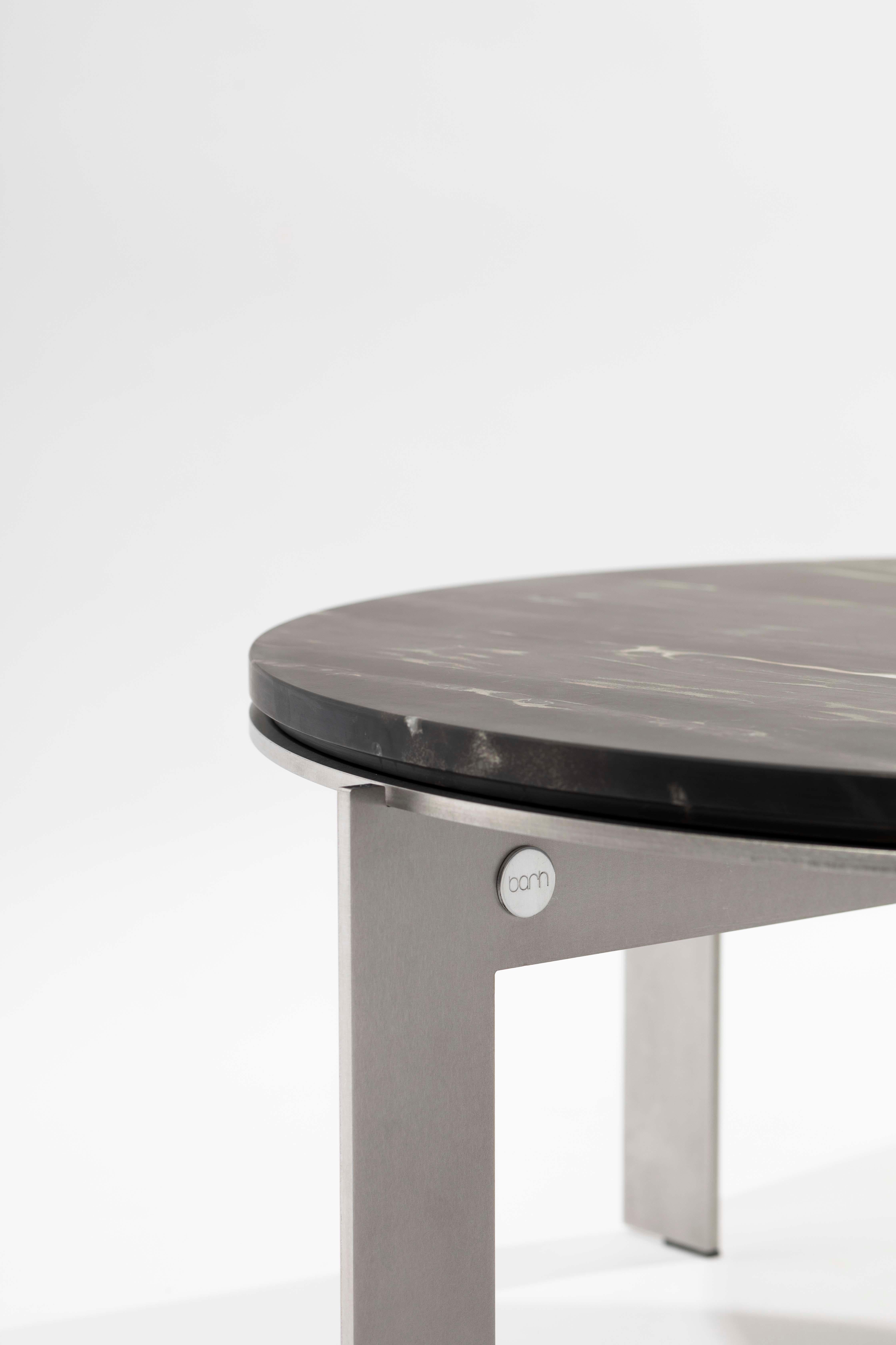Brushed Modern contemporary round side table, stainless steel & marble top, Belgium For Sale