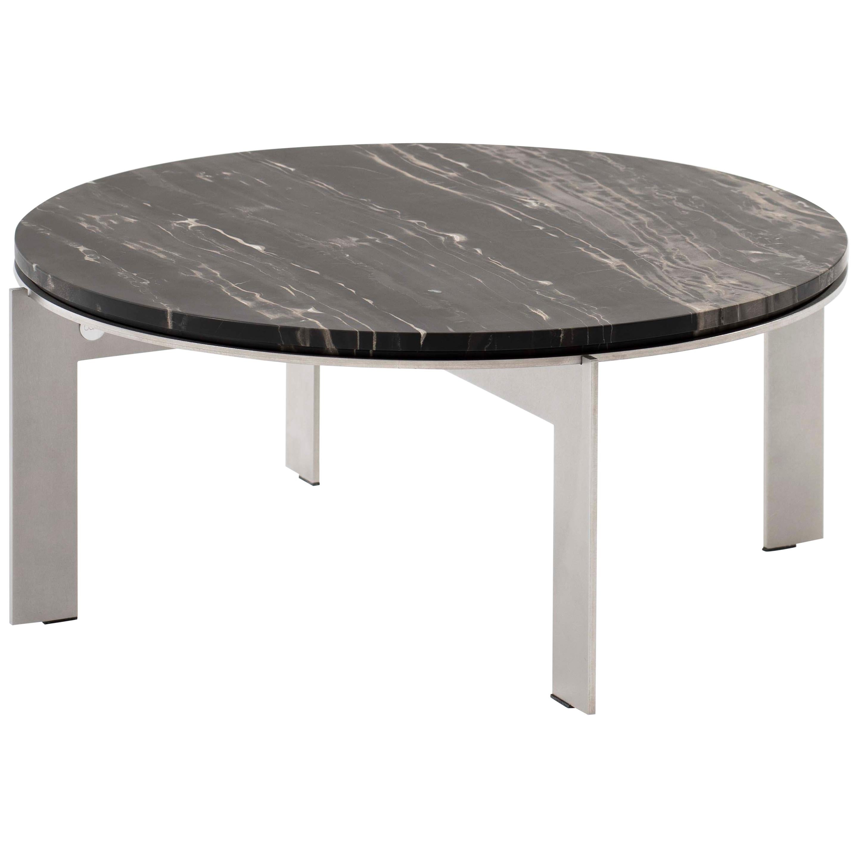 Modern contemporary round side table, stainless steel & marble top, Belgium For Sale