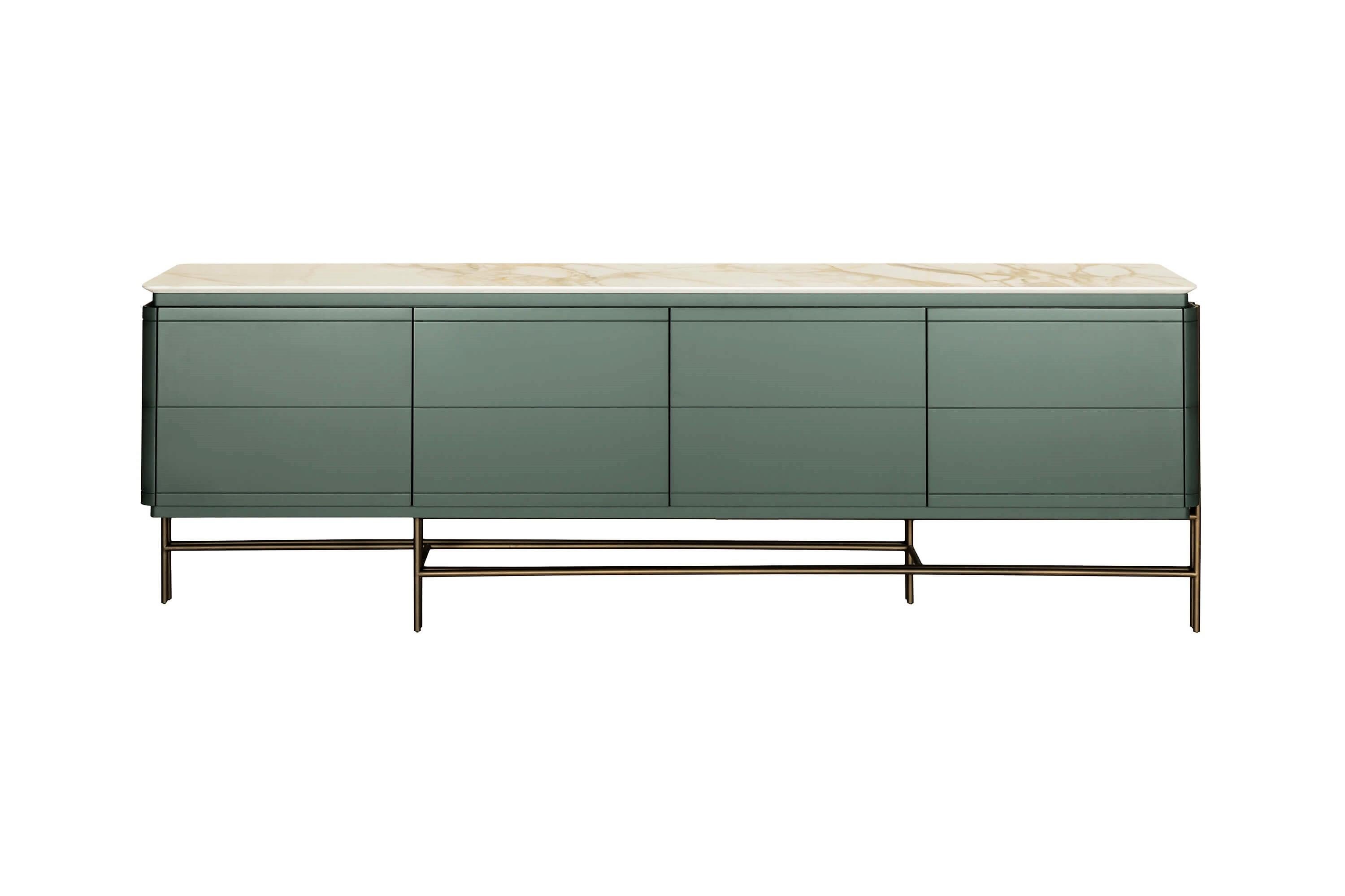 XXIe siècle et contemporain Enfilade laqué personnalisable avec plateau en marbre et base en bronze foncé en vente
