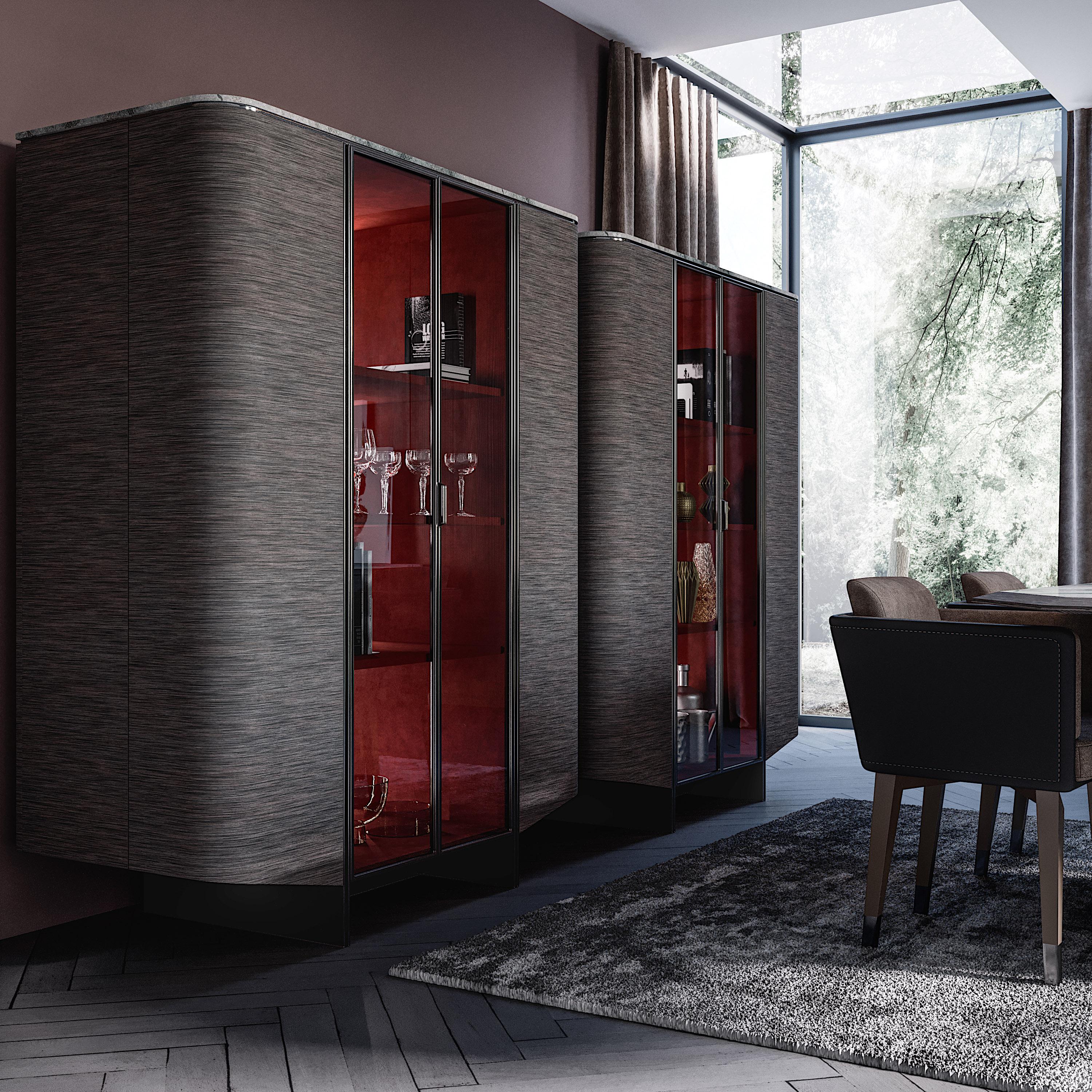 Italian Contemporary high storage unit, velvet interior, led light and glass doors For Sale