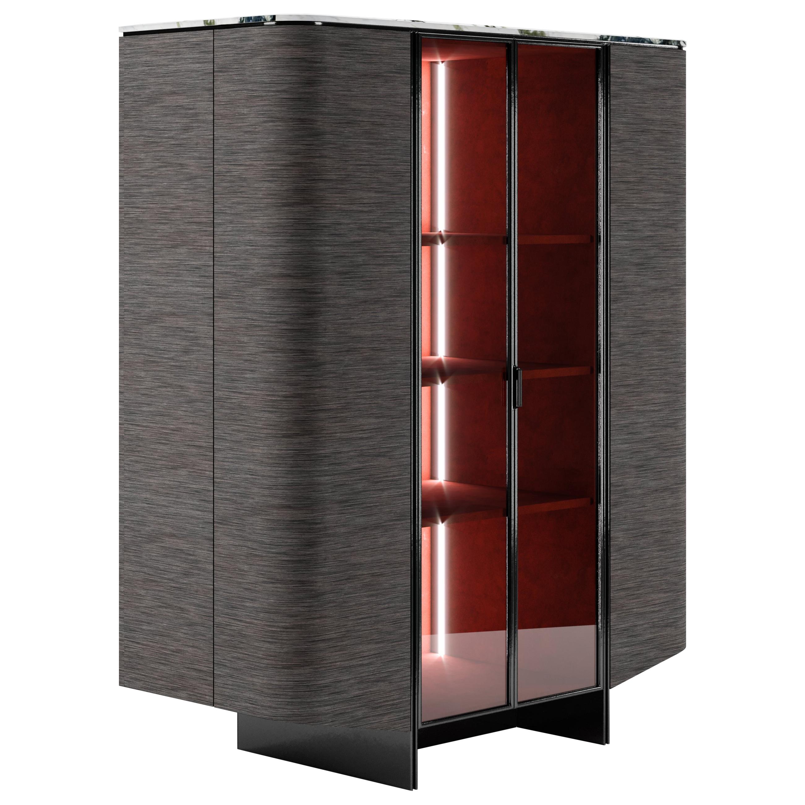 Contemporary high storage unit, velvet interior, led light and glass doors For Sale