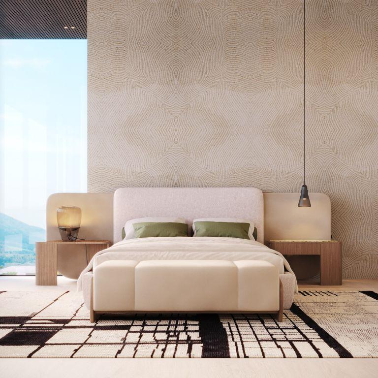 Organic Modern Contemporary Margem Bed made with Natural Leather and Beige Microfiber For Sale