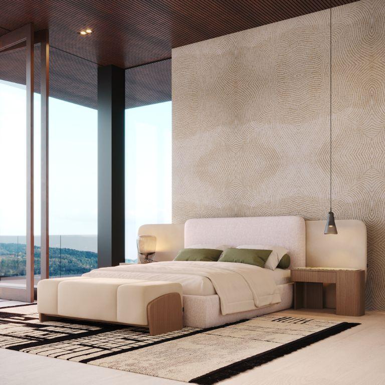 Portuguese Contemporary Margem Bed made with Natural Leather and Beige Microfiber For Sale