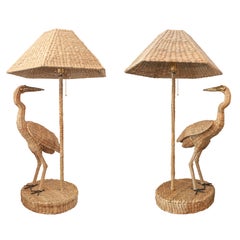 Contemporary Mario Lopez Torres Pair of Woven Rattan Crane Table Lamps