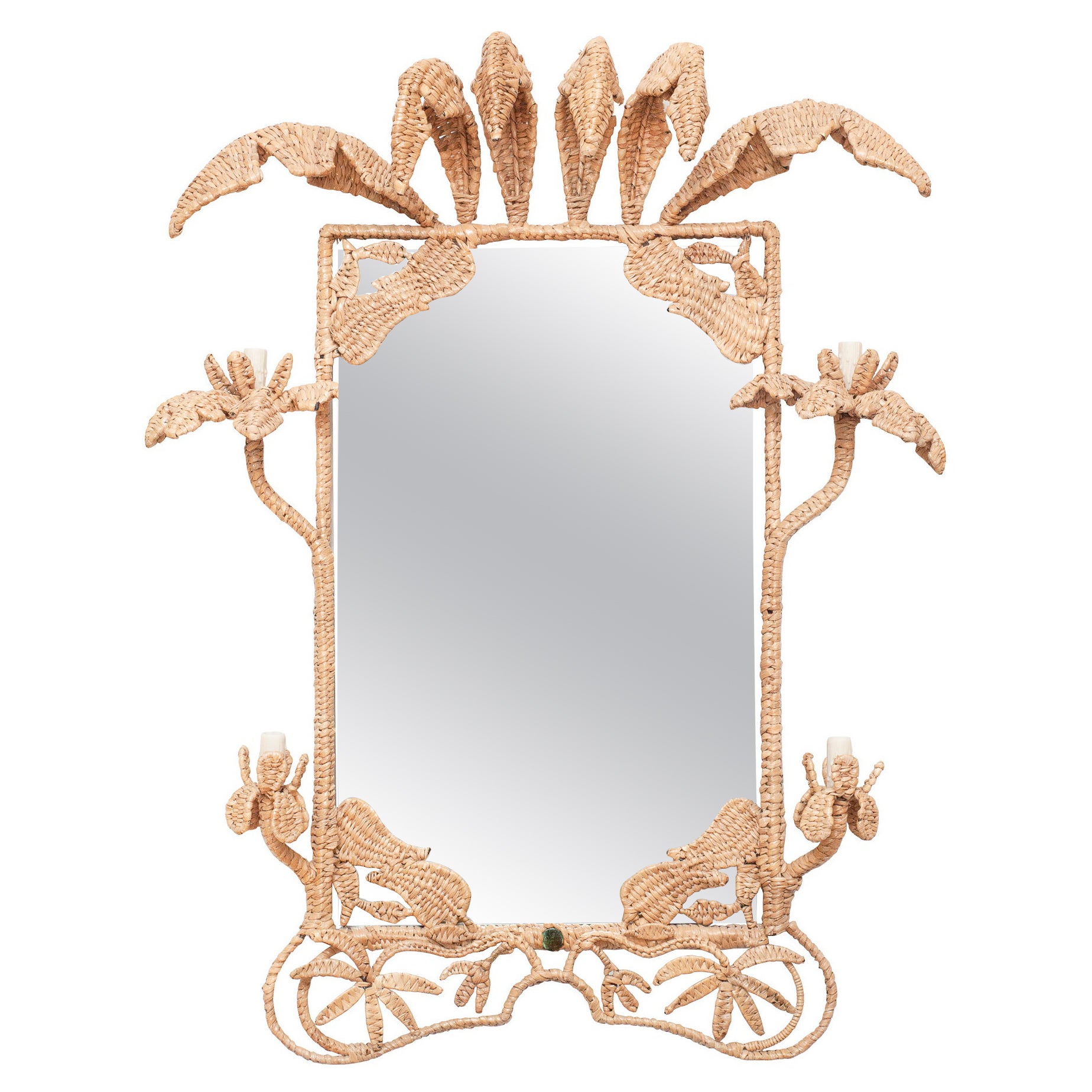 Contemporary Mario Lopez Torres Woven Rattan Illuminated Palm Leaf Mirror