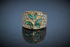 Vintage Rosior Marquise Cut Emerald and Diamond Band Ring set in Yellow Gold