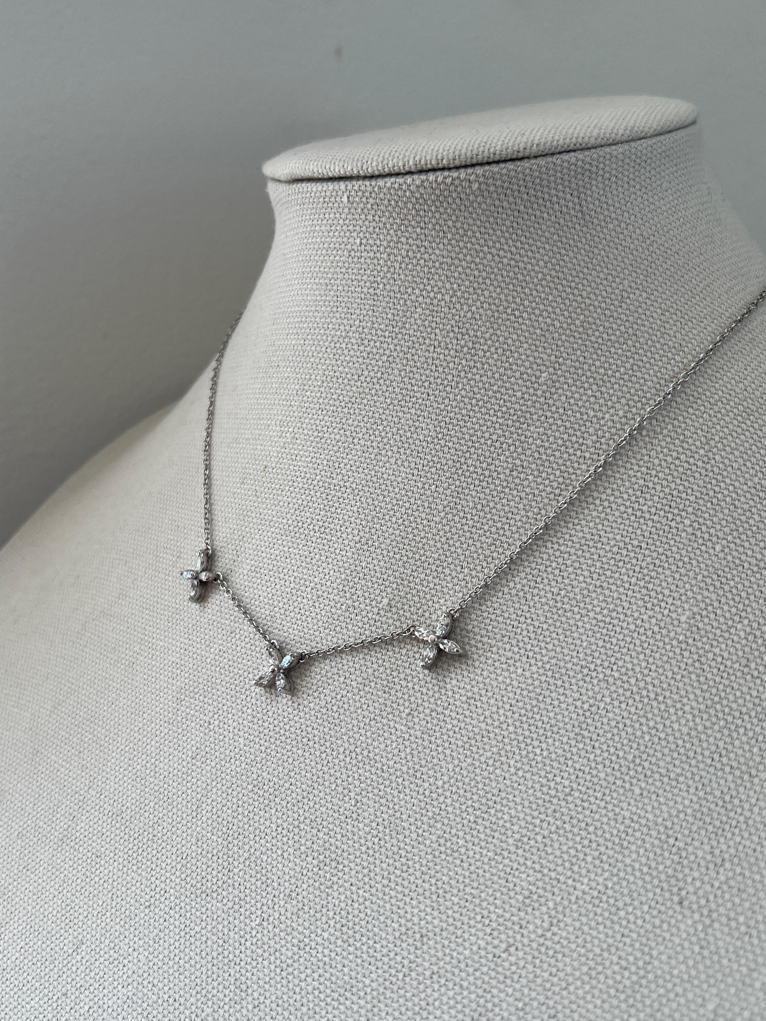 Marquise Cut Contemporary Marquise Diamond 14k White Gold Cluster Flower Station Necklace
