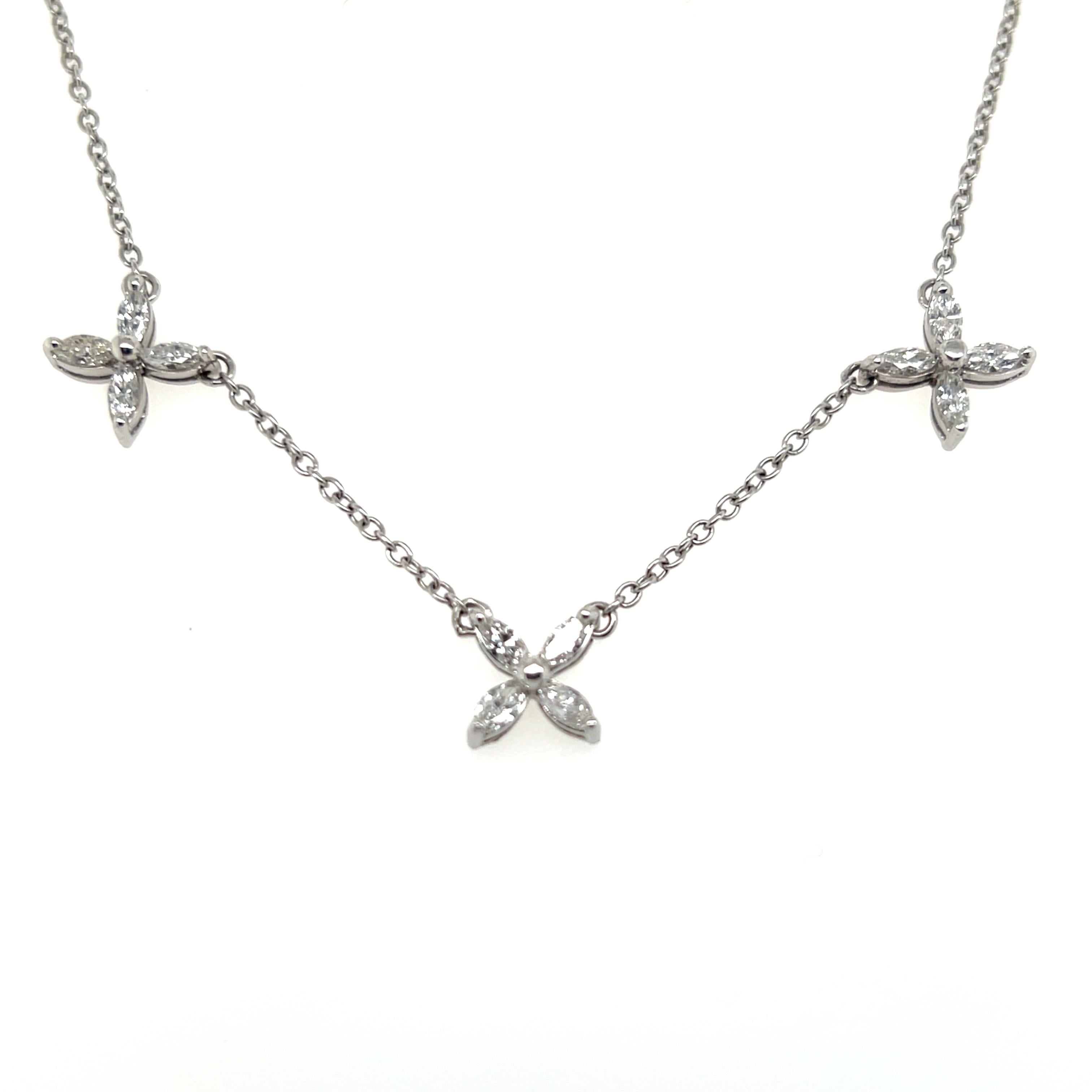 Contemporary Marquise Diamond 14k White Gold Cluster Flower Station Necklace 1