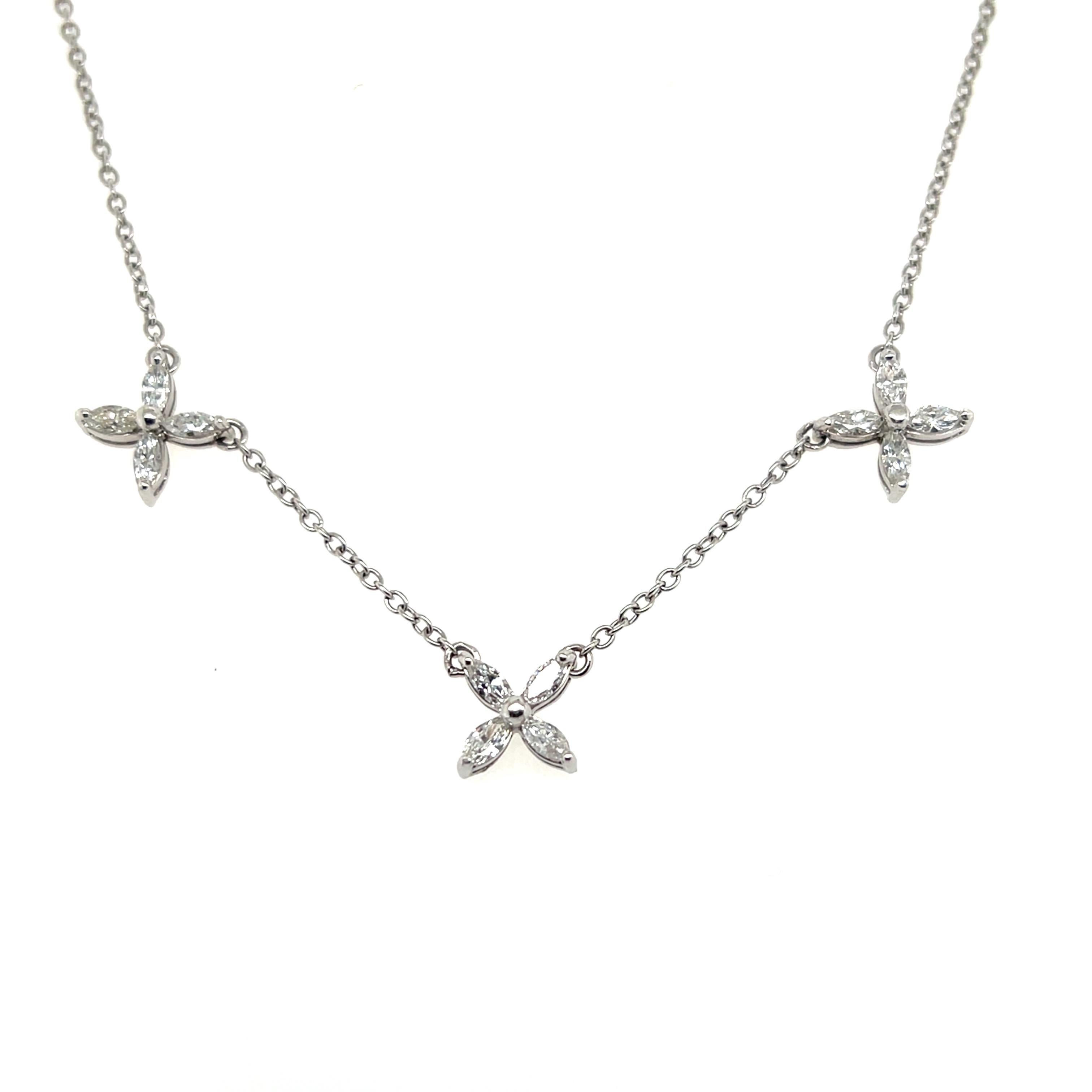 Contemporary Marquise Diamond 14k White Gold Cluster Flower Station Necklace 2
