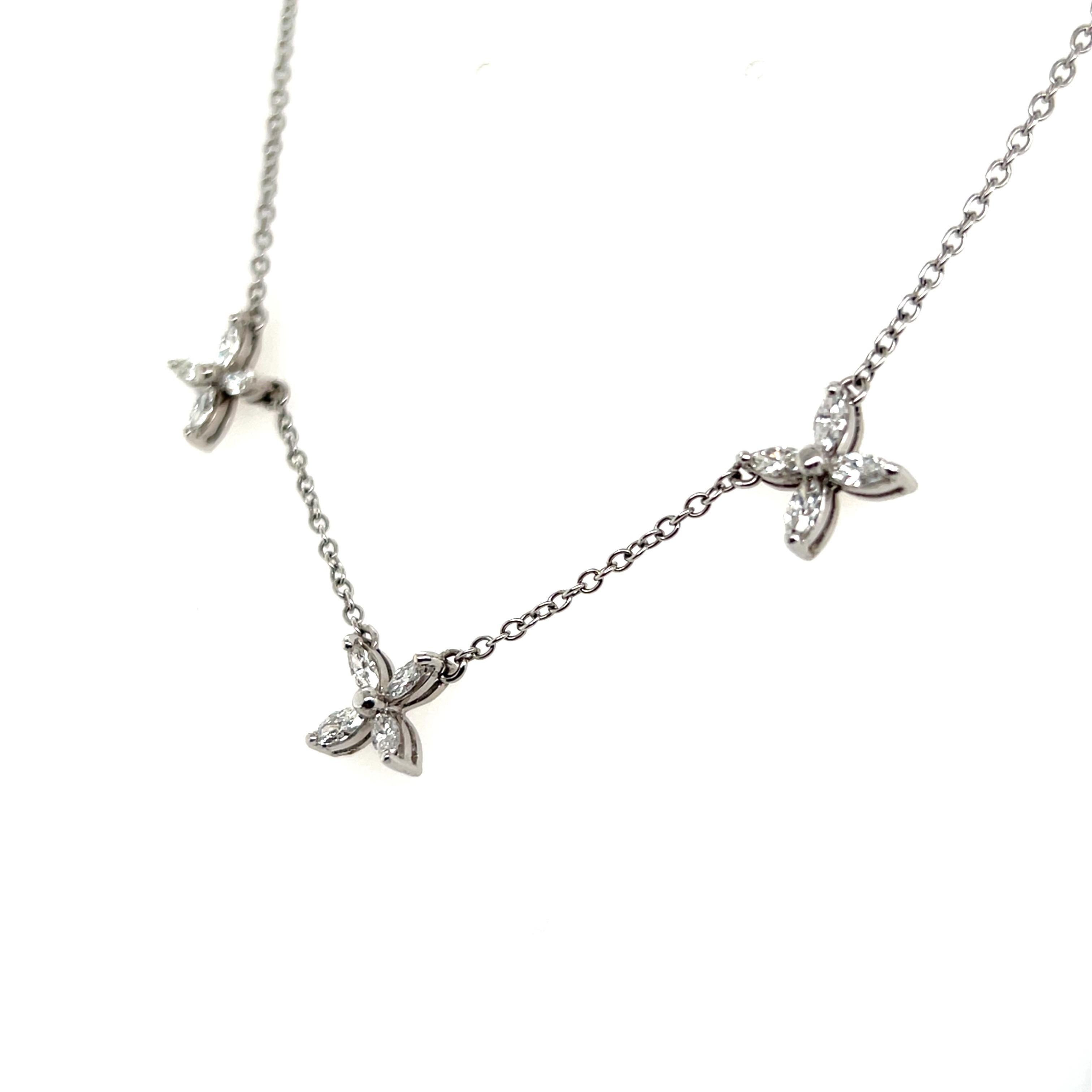 Contemporary Marquise Diamond 14k White Gold Cluster Flower Station Necklace 3