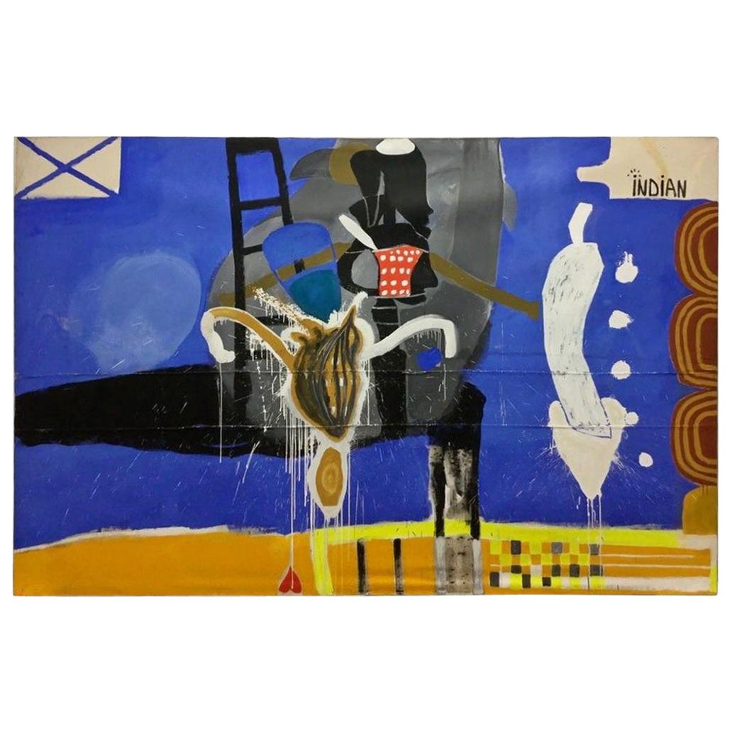 Contemporary Massive Blue Painting Magic Man Signed Ouattara Watts Dated 1990s