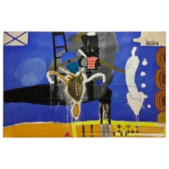 Contemporary Massive Blue Painting Magic Man Signed Ouattara Watts Dated 1990s