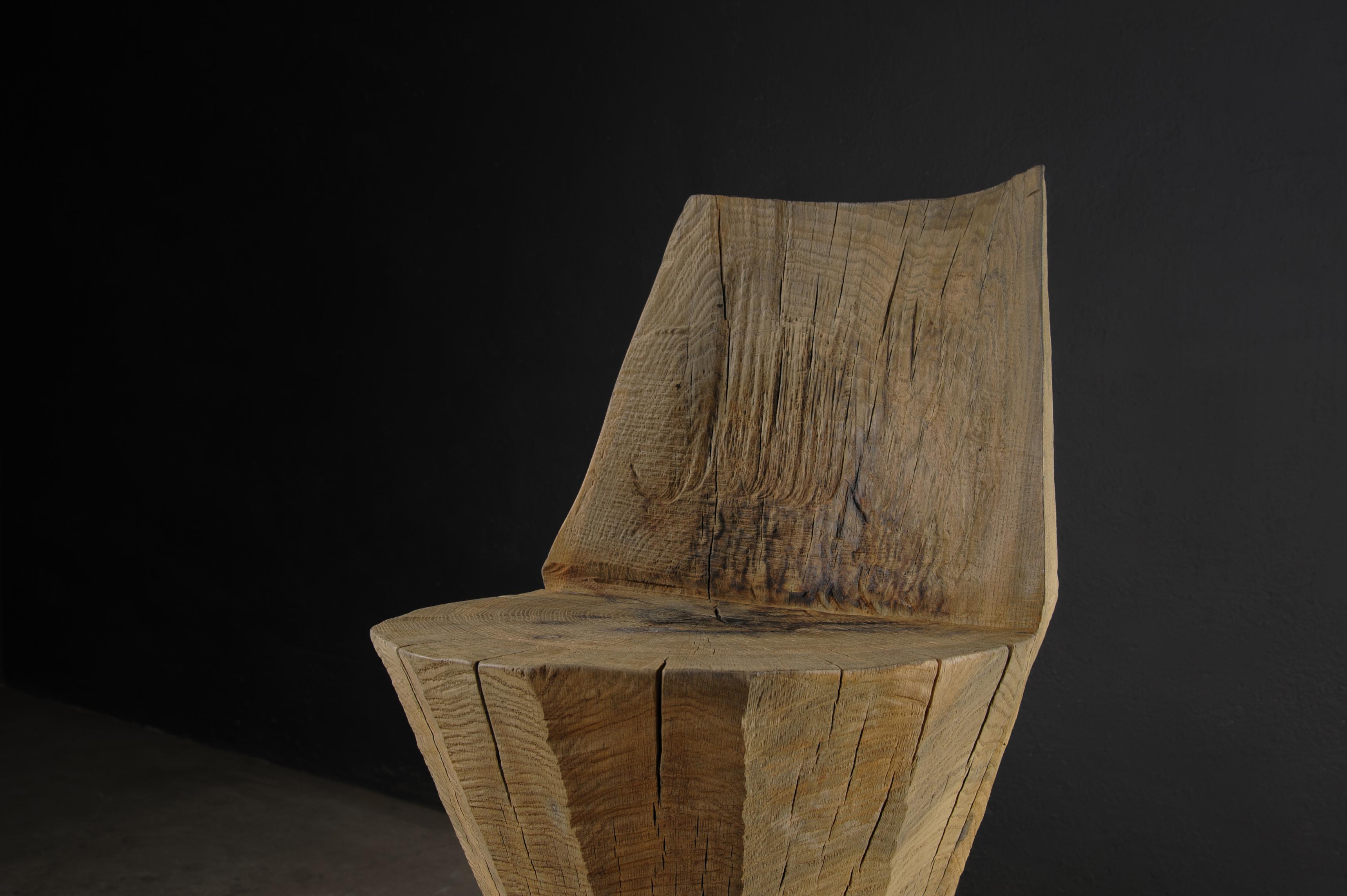Brutalist Contemporary Massive Counter Stool in Solid Oak Wood by Denis Milovanov For Sale