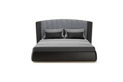 Contemporary King Size Bed, Velvet and Crossed Leather Details and Metal Frame