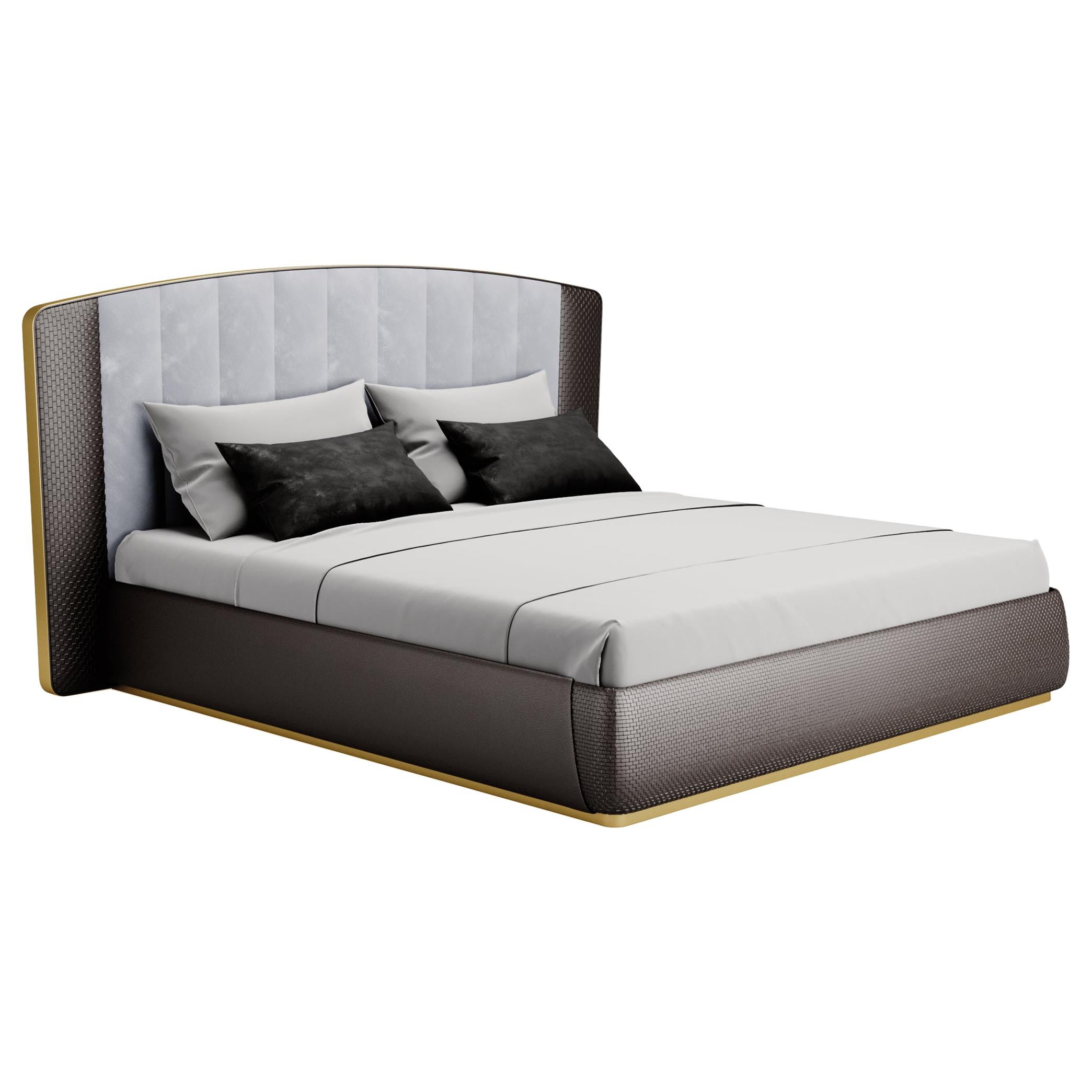 Contemporary King Size Bed, Velvet and Crossed Leather Details and Metal Frame For Sale